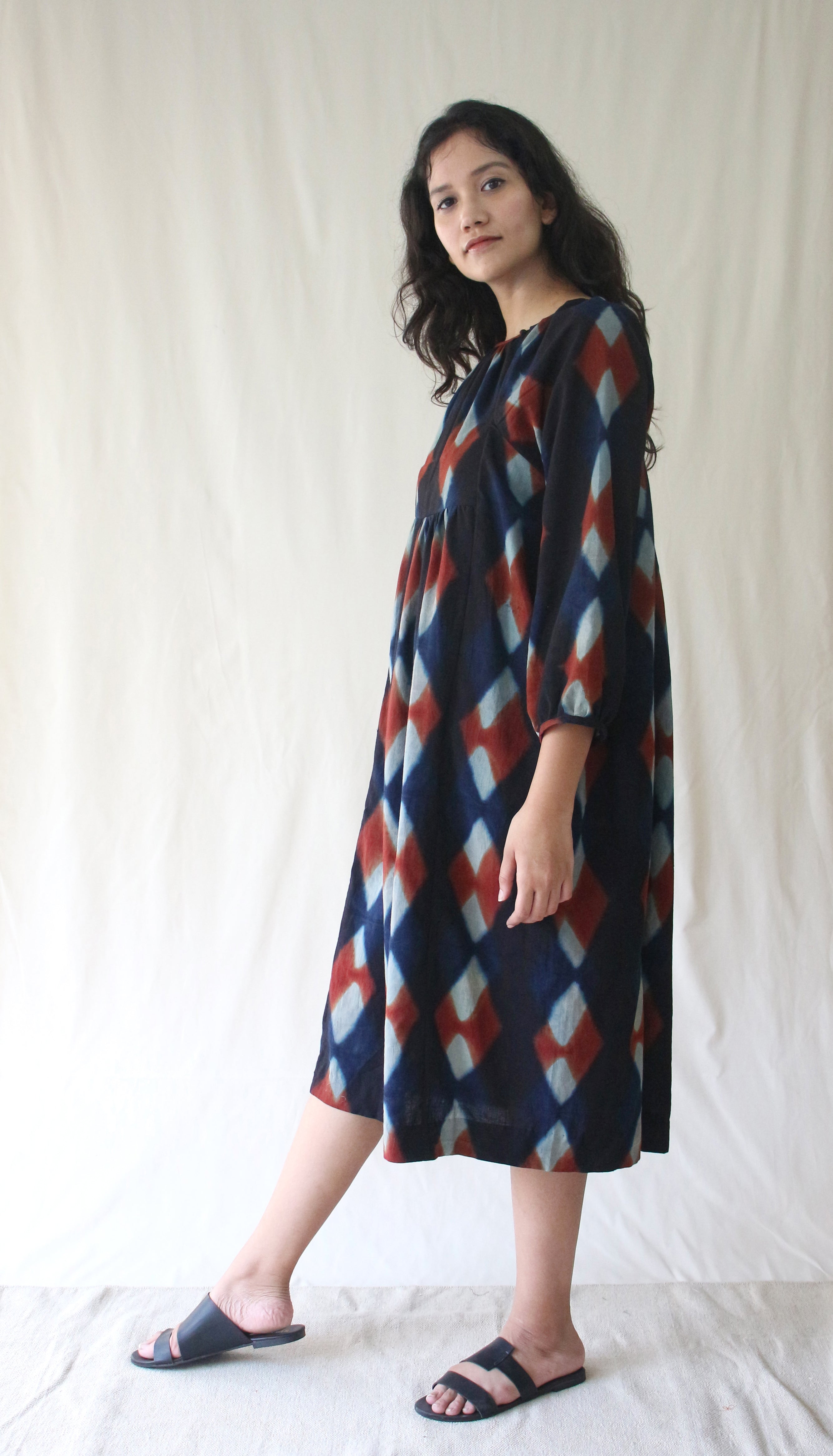 Blue 3/4th Sleeve Midi Dress at Kamakhyaa by Chambray & Co.. This item is Blue, Casual Wear, Hand Spun Cotton, Midi Dresses, Natural, Ombre & Dyes, Regular Fit, Womenswear