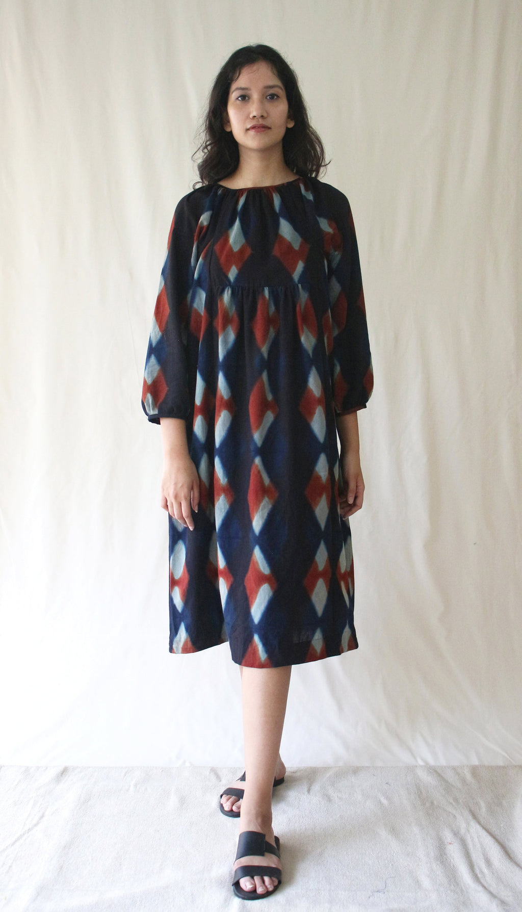 Blue 3/4th Sleeve Midi Dress at Kamakhyaa by Chambray & Co.. This item is Blue, Casual Wear, Hand Spun Cotton, Midi Dresses, Natural, Ombre & Dyes, Regular Fit, Womenswear