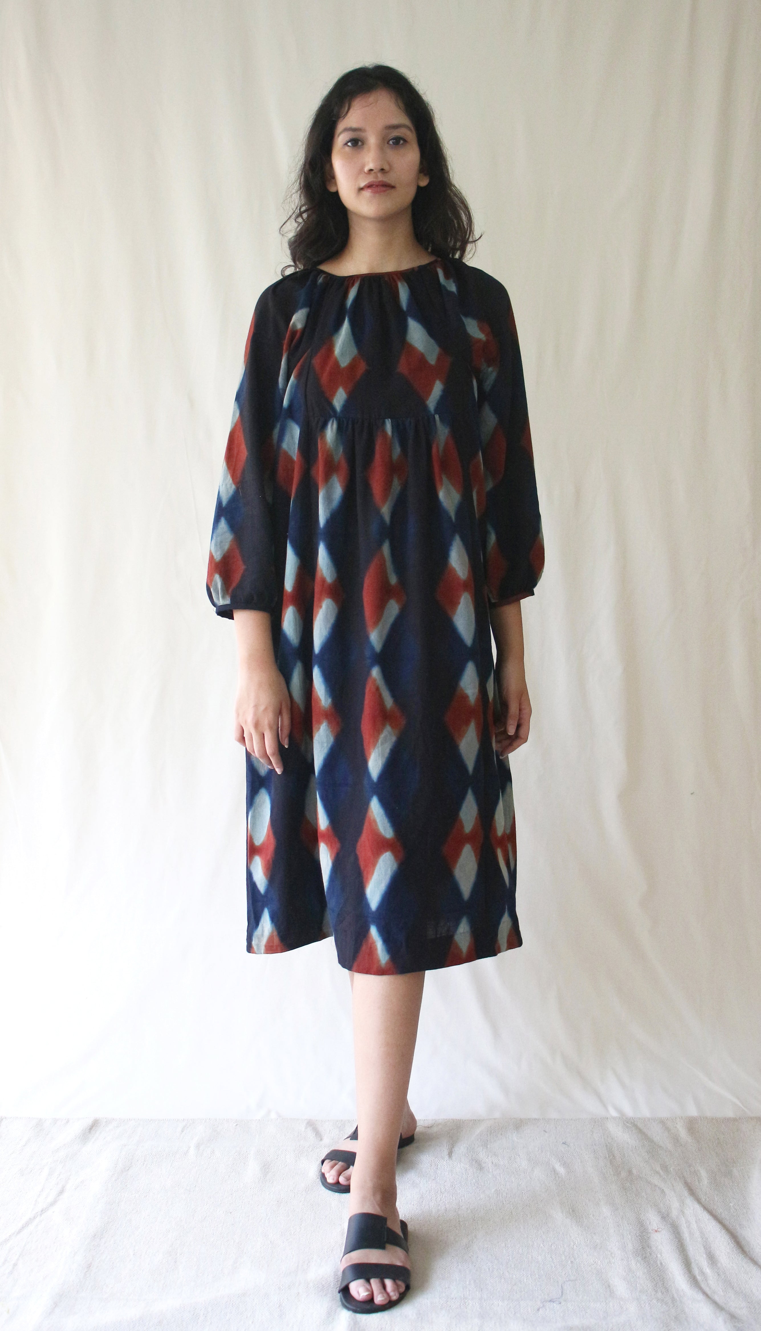 Blue 3/4th Sleeve Midi Dress at Kamakhyaa by Chambray & Co.. This item is Blue, Casual Wear, Hand Spun Cotton, Midi Dresses, Natural, Ombre & Dyes, Regular Fit, Womenswear