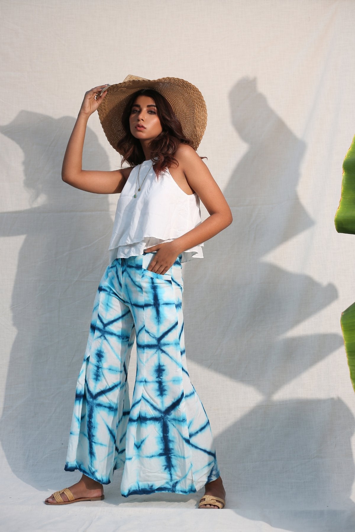 Blue And White Bell Bottom Pants at Kamakhyaa by Keva. This item is Blue, Day Dream, Natural, Palazzo Pants, Rayon, Relaxed Fit, Resort Wear, Tie & Dye, Womenswear