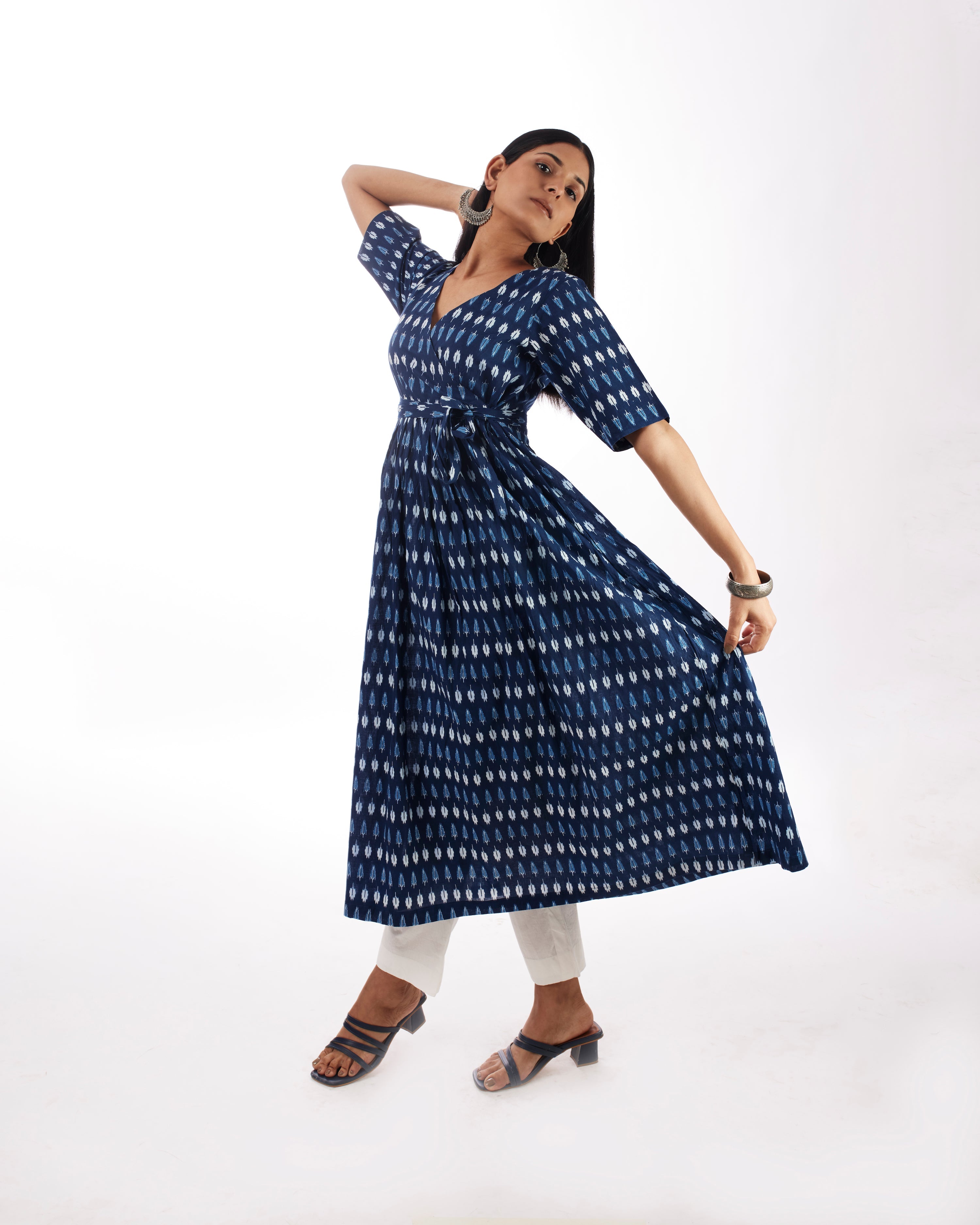 Blue Angrakha With Solid White Pants at Kamakhyaa by Kamakhyaa. This item is 100% pure cotton, Blue, Festive Wear, Indian Wear, KKYSS, Kurta Pant Sets, Natural, Prints, Regular Fit, Summer Sutra, Womenswear