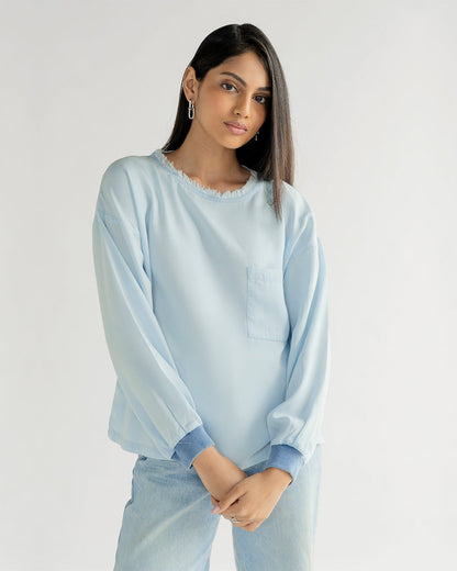 Blue Boxy Fit Top at Kamakhyaa by Reistor. This item is Blouses, Blue, Casual Wear, Denim, Natural, Relaxed Fit, Solids, Tencel, Tops, Womenswear