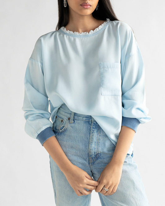 Blue Boxy Fit Top at Kamakhyaa by Reistor. This item is Blouses, Blue, Casual Wear, Denim, Natural, Relaxed Fit, Solids, Tencel, Tops, Womenswear