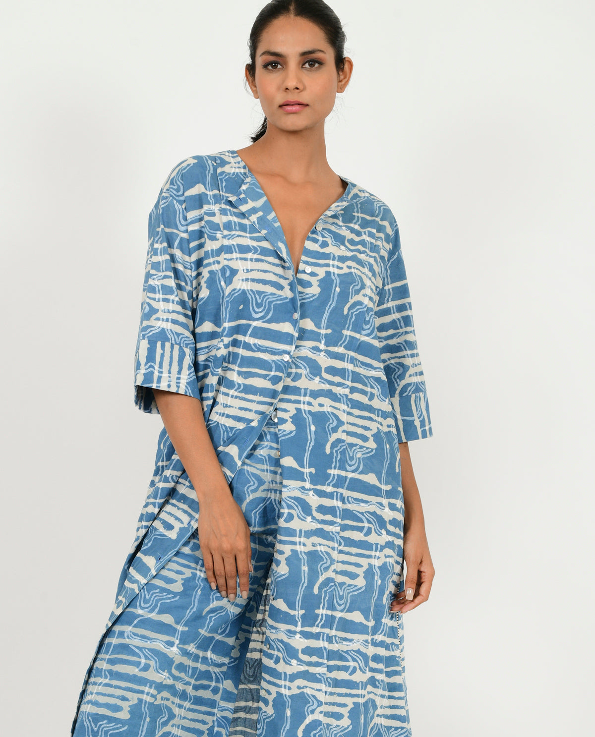 Blue Buttoned Dress at Kamakhyaa by Rias Jaipur. This item is 100% Organic Cotton, Blue, Casual Wear, Midi Dress, Natural, Prints, Regular Fit, Scribble Prints, Womenswear, Yaadein