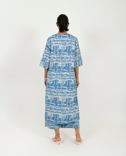 Blue Buttoned Dress at Kamakhyaa by Rias Jaipur. This item is 100% Organic Cotton, Blue, Casual Wear, Midi Dress, Natural, Prints, Regular Fit, Scribble Prints, Womenswear, Yaadein