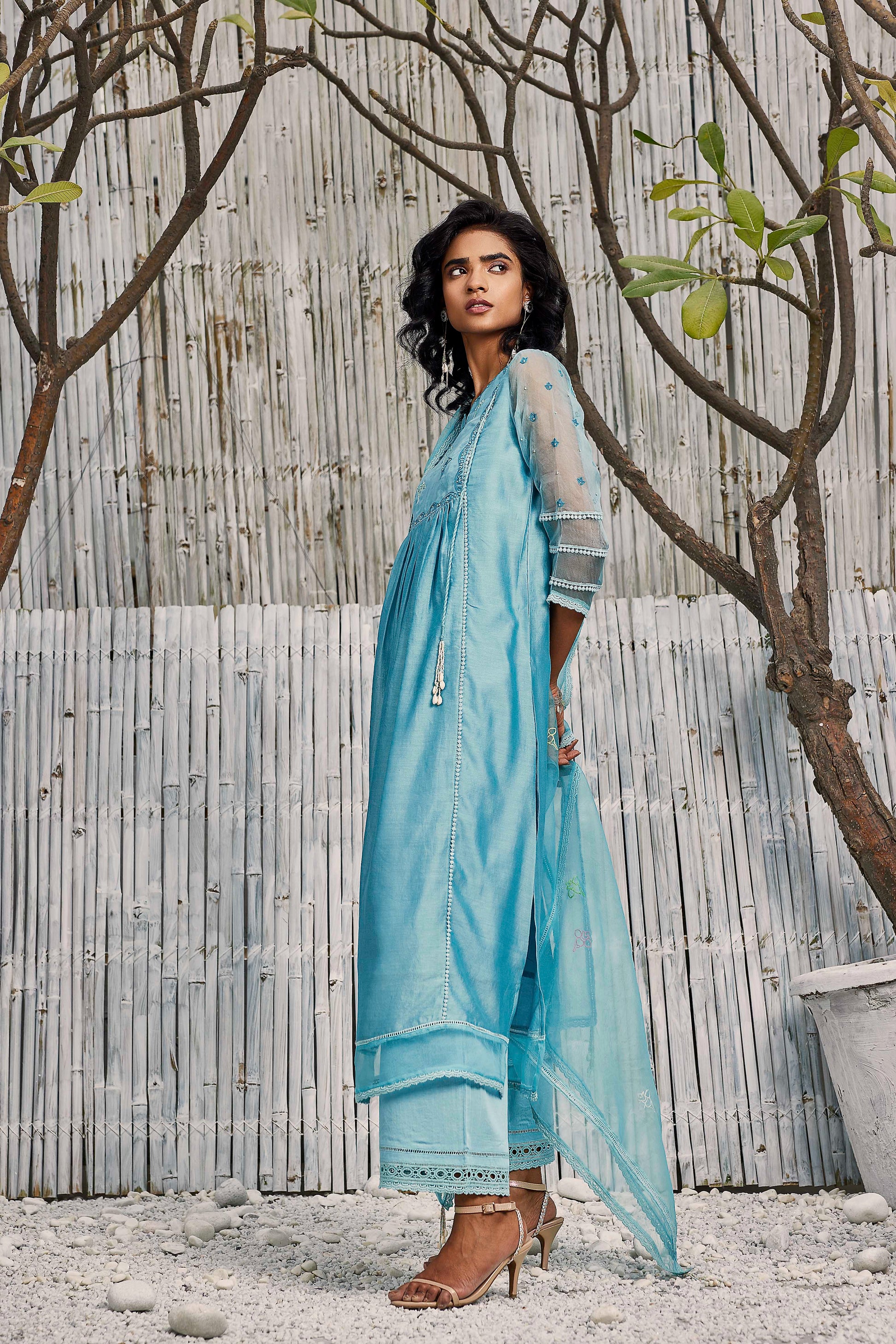 Blue Chanderi Gathered Kurta with Pant - Set of 2 at Kamakhyaa by Charkhee. This item is Best Selling, Blue, Chanderi, Cotton, Cotton Satin, Festive Wear, Indian Wear, Kurta Pant Sets, Natural, Regular Fit, Shores 23, Solids, Wedding Gifts, Womenswear