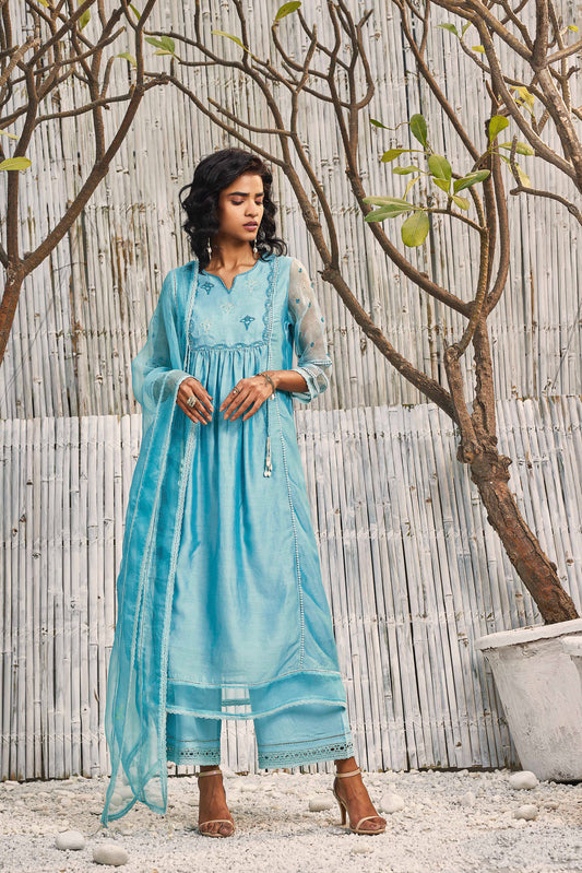 Blue Chanderi Gathered Kurta with Pant - Set of 2 at Kamakhyaa by Charkhee. This item is Best Selling, Blue, Chanderi, Cotton, Cotton Satin, Festive Wear, Indian Wear, Kurta Pant Sets, Natural, Regular Fit, Shores 23, Solids, Wedding Gifts, Womenswear