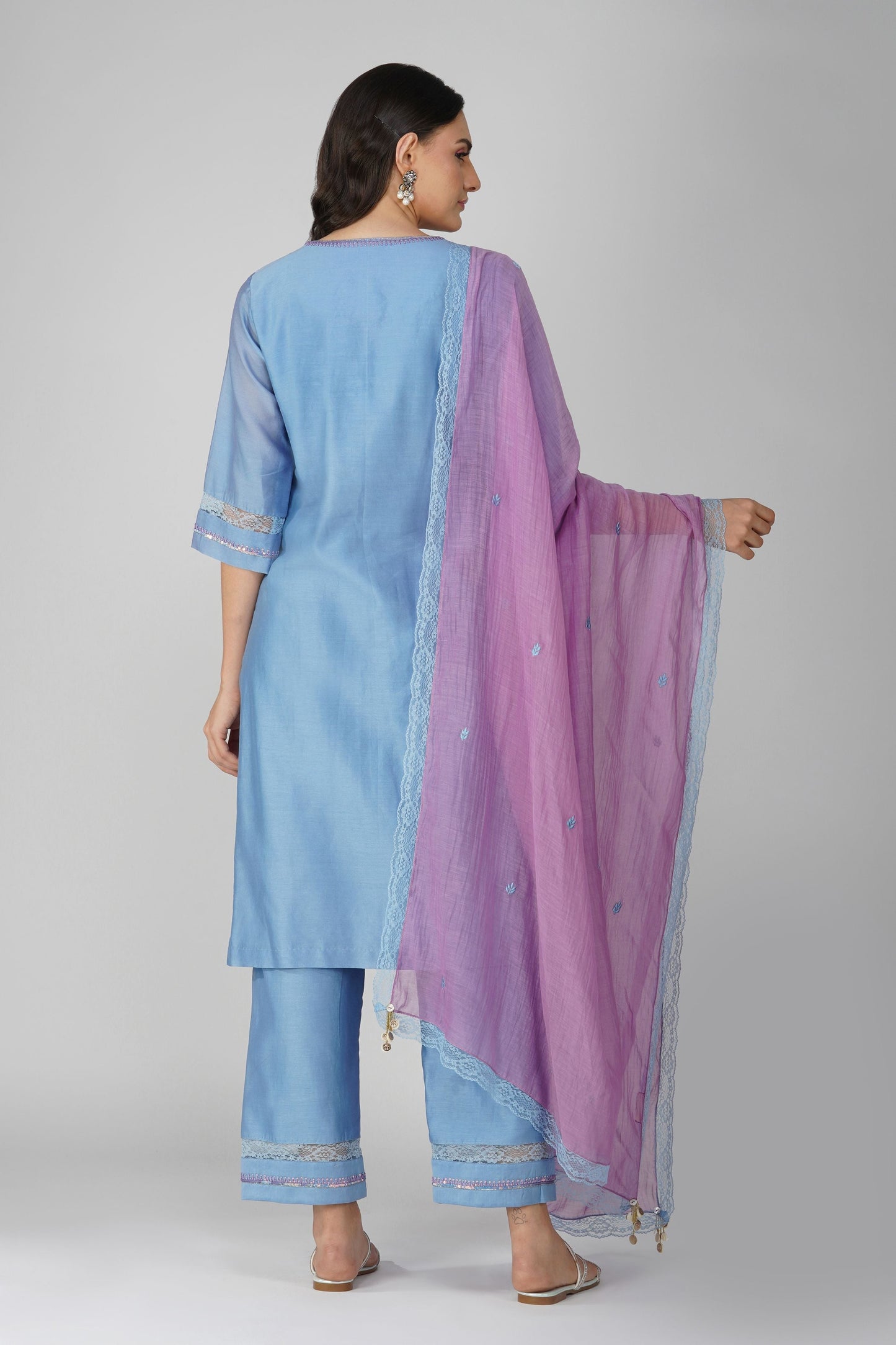 Blue Chanderi Kurta Pant Set at Kamakhyaa by Devyani Mehrotra. This item is Blue, Chanderi, Embellished, Indian Wear, Natural, Party Wear, Purple, Regular Fit, Womenswear