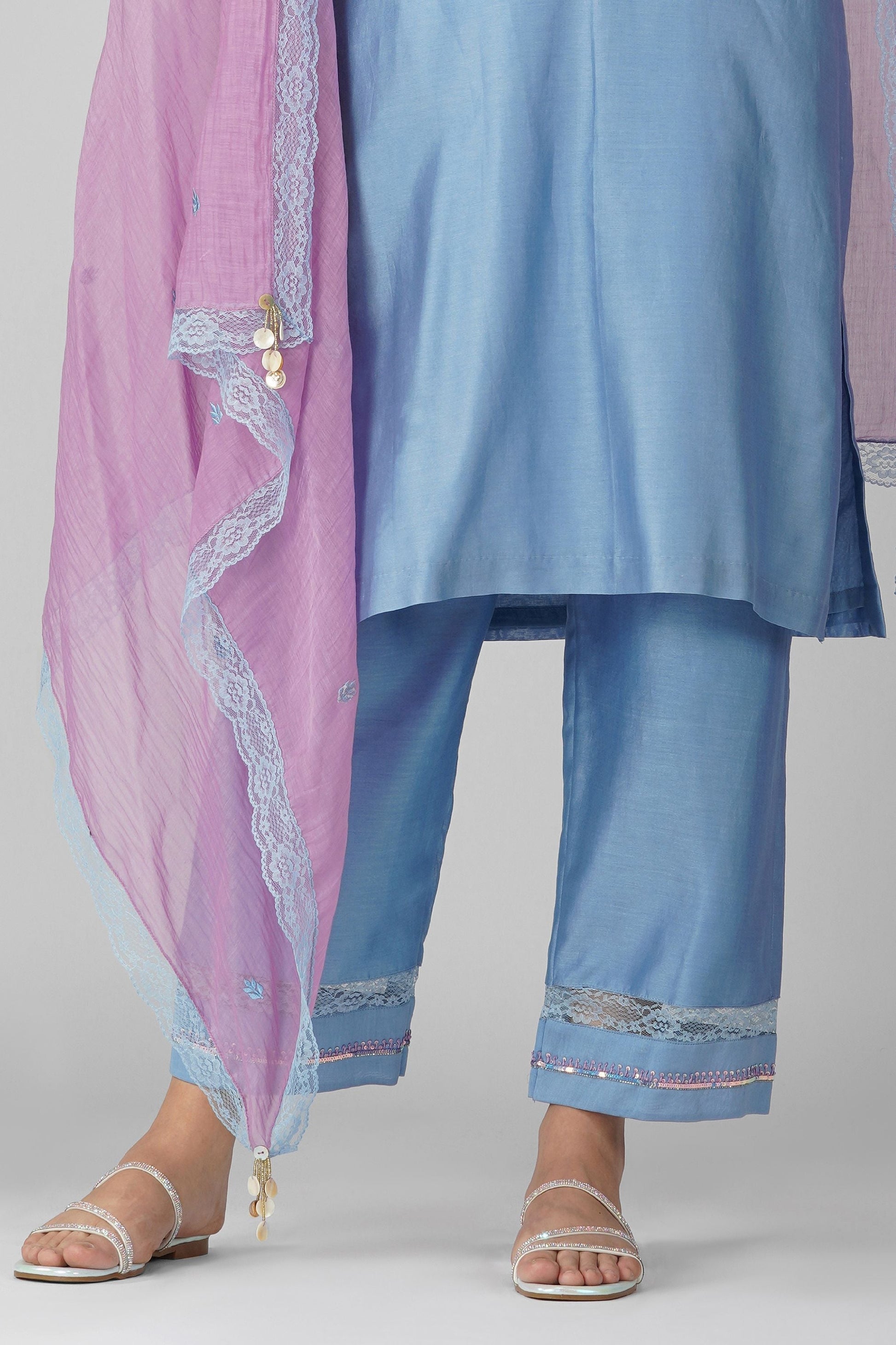 Blue Chanderi Kurta Pant Set at Kamakhyaa by Devyani Mehrotra. This item is Blue, Chanderi, Embellished, Indian Wear, Natural, Party Wear, Purple, Regular Fit, Womenswear