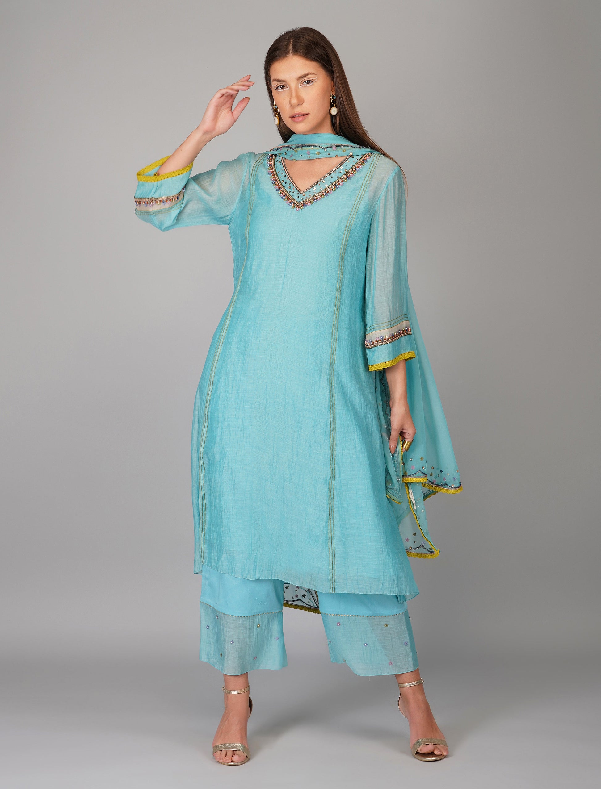 Blue Chanderi Sequins Embellished Kurta Pant Set at Kamakhyaa by Devyani Mehrotra. This item is Blue, Chanderi Silk, Cotton, Embroidered, Evening Wear, Georgette, Kurta Pant Sets, Kurta Set with Dupattas, Natural, Pre Spring 2023, Regular Fit, Solids, Womenswear