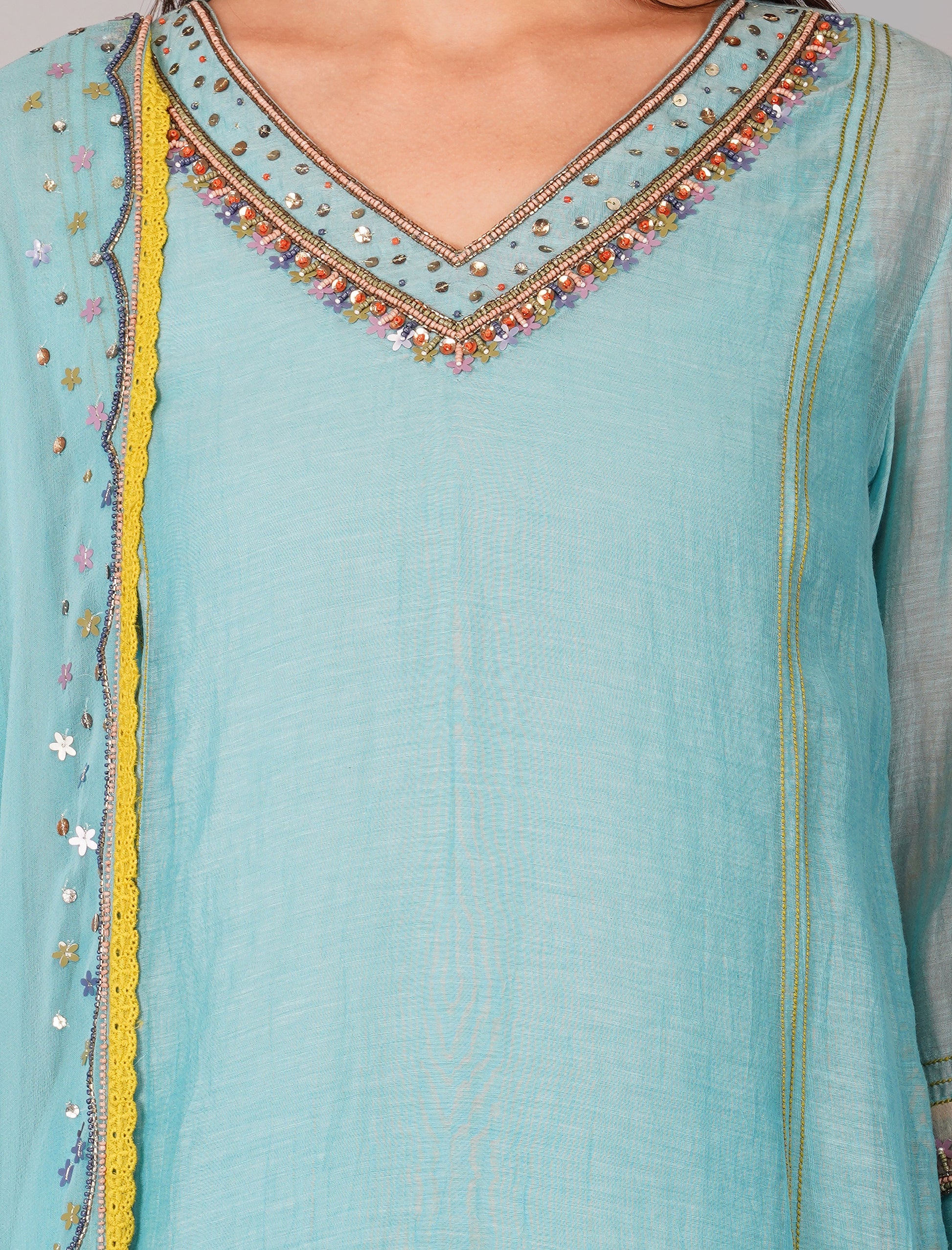 Blue Chanderi Sequins Embellished Kurta Pant Set at Kamakhyaa by Devyani Mehrotra. This item is Blue, Chanderi Silk, Cotton, Embroidered, Evening Wear, Georgette, Kurta Pant Sets, Kurta Set with Dupattas, Natural, Pre Spring 2023, Regular Fit, Solids, Womenswear