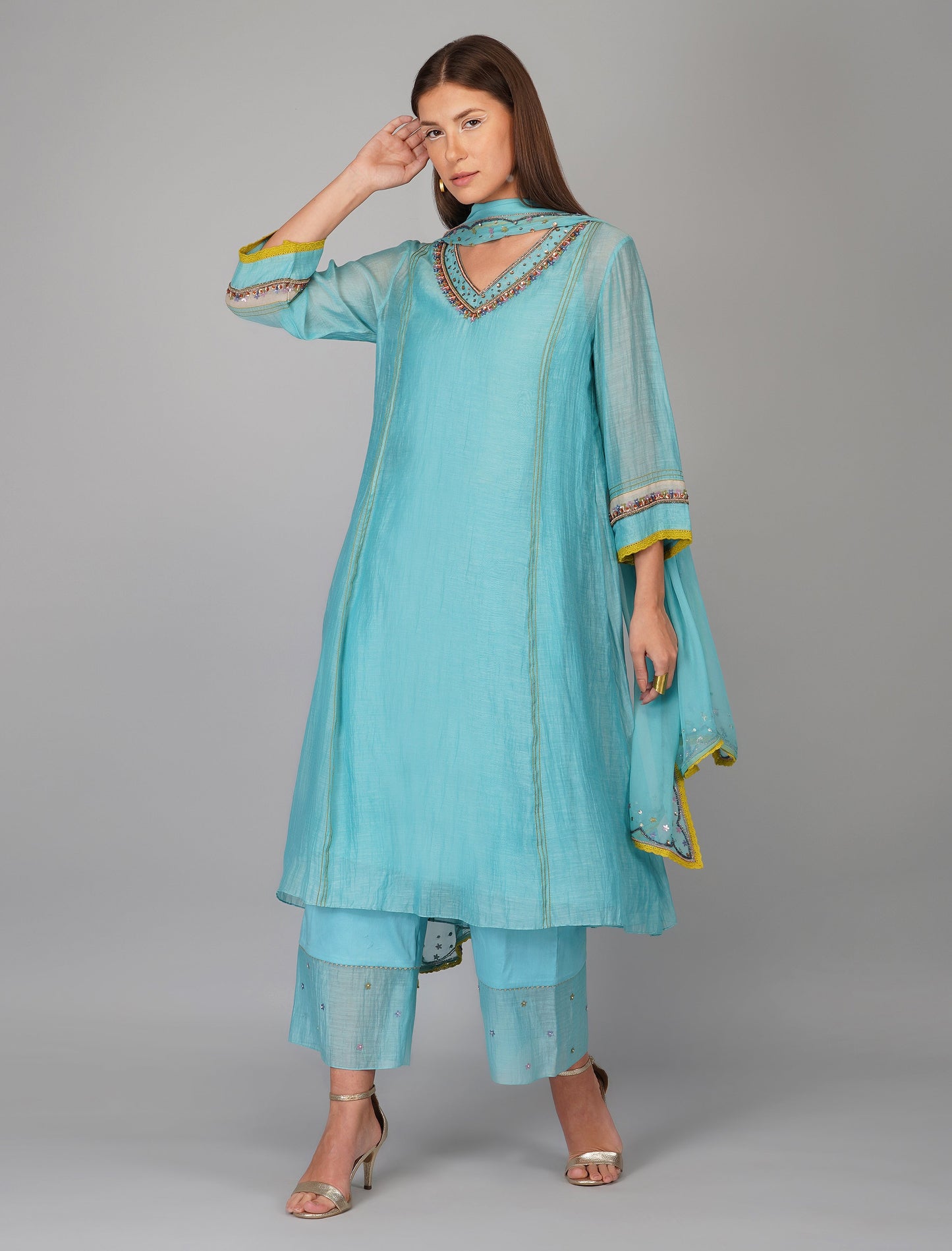 Blue Chanderi Sequins Embellished Kurta Pant Set at Kamakhyaa by Devyani Mehrotra. This item is Blue, Chanderi Silk, Cotton, Embroidered, Evening Wear, Georgette, Kurta Pant Sets, Kurta Set with Dupattas, Natural, Pre Spring 2023, Regular Fit, Solids, Womenswear