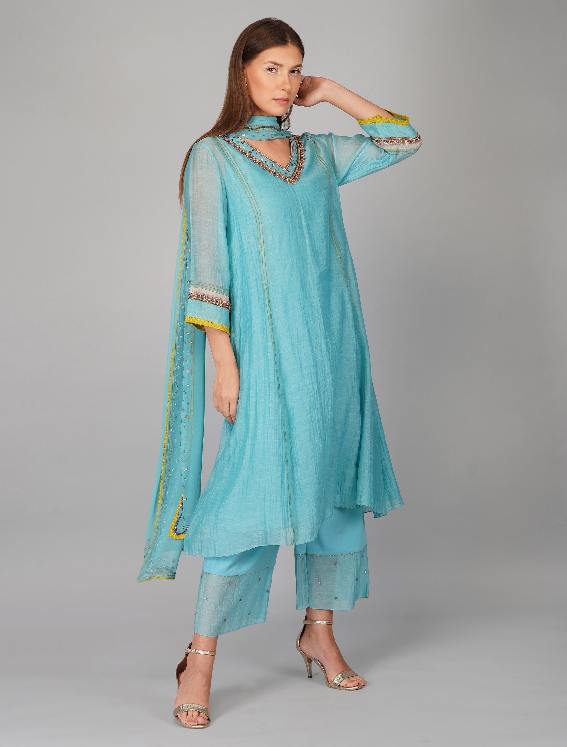 Blue Chanderi Sequins Embellished Kurta Pant Set at Kamakhyaa by Devyani Mehrotra. This item is Blue, Chanderi Silk, Cotton, Embroidered, Evening Wear, Georgette, Kurta Pant Sets, Kurta Set with Dupattas, Natural, Pre Spring 2023, Regular Fit, Solids, Womenswear