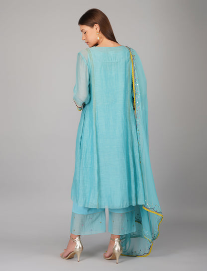 Blue Chanderi Sequins Embellished Kurta Pant Set at Kamakhyaa by Devyani Mehrotra. This item is Blue, Chanderi Silk, Cotton, Embroidered, Evening Wear, Georgette, Kurta Pant Sets, Kurta Set with Dupattas, Natural, Pre Spring 2023, Regular Fit, Solids, Womenswear