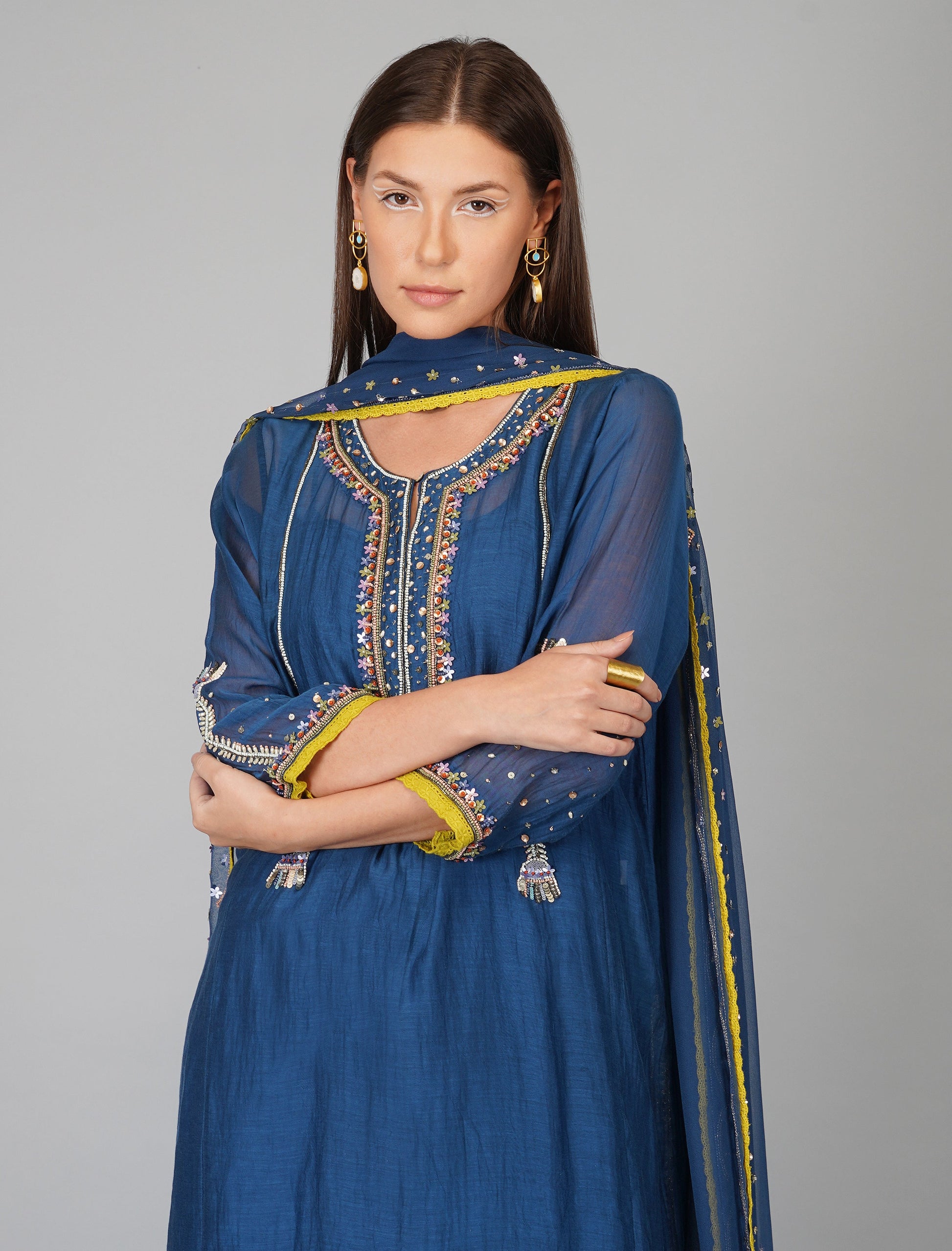 Blue Chanderi Sequins Embellished Kurta Set at Kamakhyaa by Devyani Mehrotra. This item is Blue, Chanderi Silk, Cotton, Embroidered, Evening Wear, Georgette, Kurta Pant Sets, Kurta Set with Dupattas, Natural, Pre Spring 2023, Relaxed Fit, Solids, Womenswear