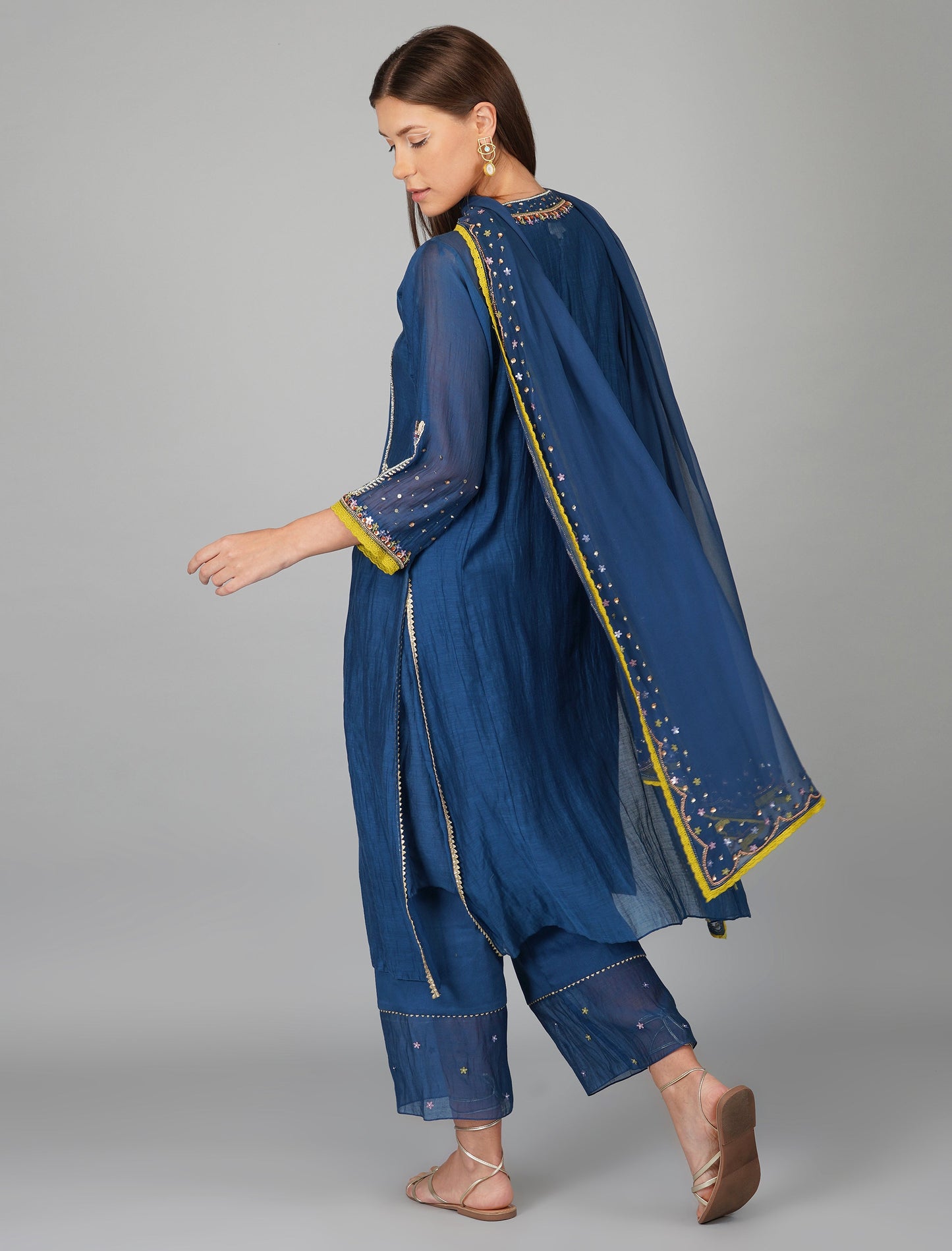 Blue Chanderi Sequins Embellished Kurta Set at Kamakhyaa by Devyani Mehrotra. This item is Blue, Chanderi Silk, Cotton, Embroidered, Evening Wear, Georgette, Kurta Pant Sets, Kurta Set with Dupattas, Natural, Pre Spring 2023, Relaxed Fit, Solids, Womenswear