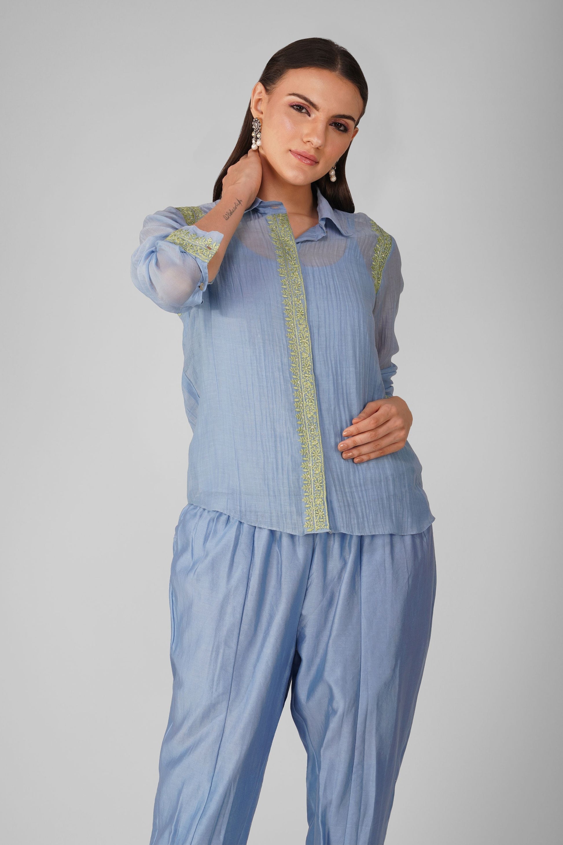 Blue Chanderi Shirt at Kamakhyaa by Devyani Mehrotra. This item is Blue, Chanderi, Embellished, Indian Wear, Natural, Party Wear, Regular Fit, Womenswear