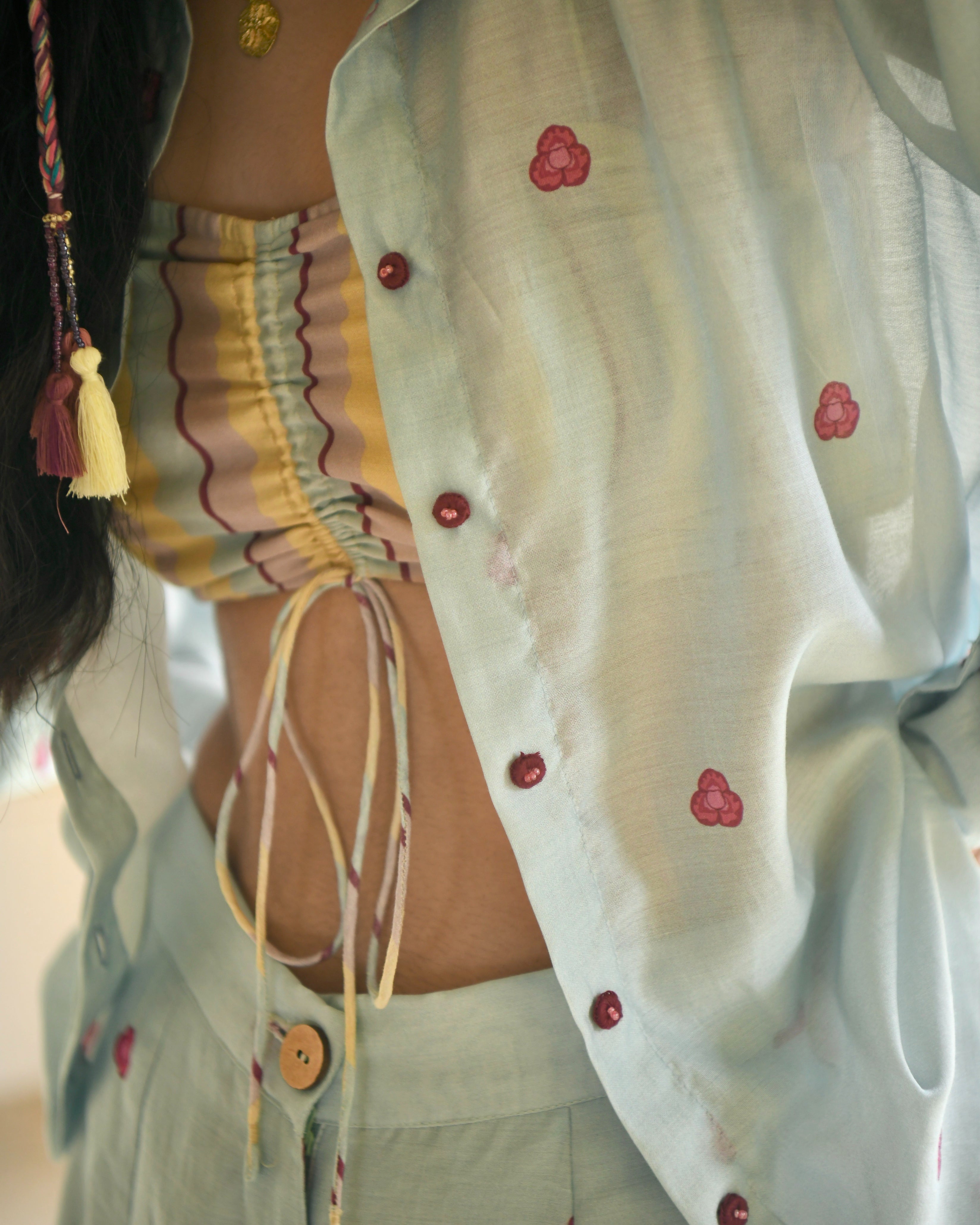 Blue Chanderi Silk Co-ord Set Of 3 at Kamakhyaa by Taro. This item is Azo Free Dyes, Blue, Casual Wear, Chanderi Silk, Co-ord Sets, Garden Of Dreams, July Sale, July Sale 2023, Prints, Relaxed Fit, Travel Co-ords, Vacation, Vacation Co-ords, Womenswear