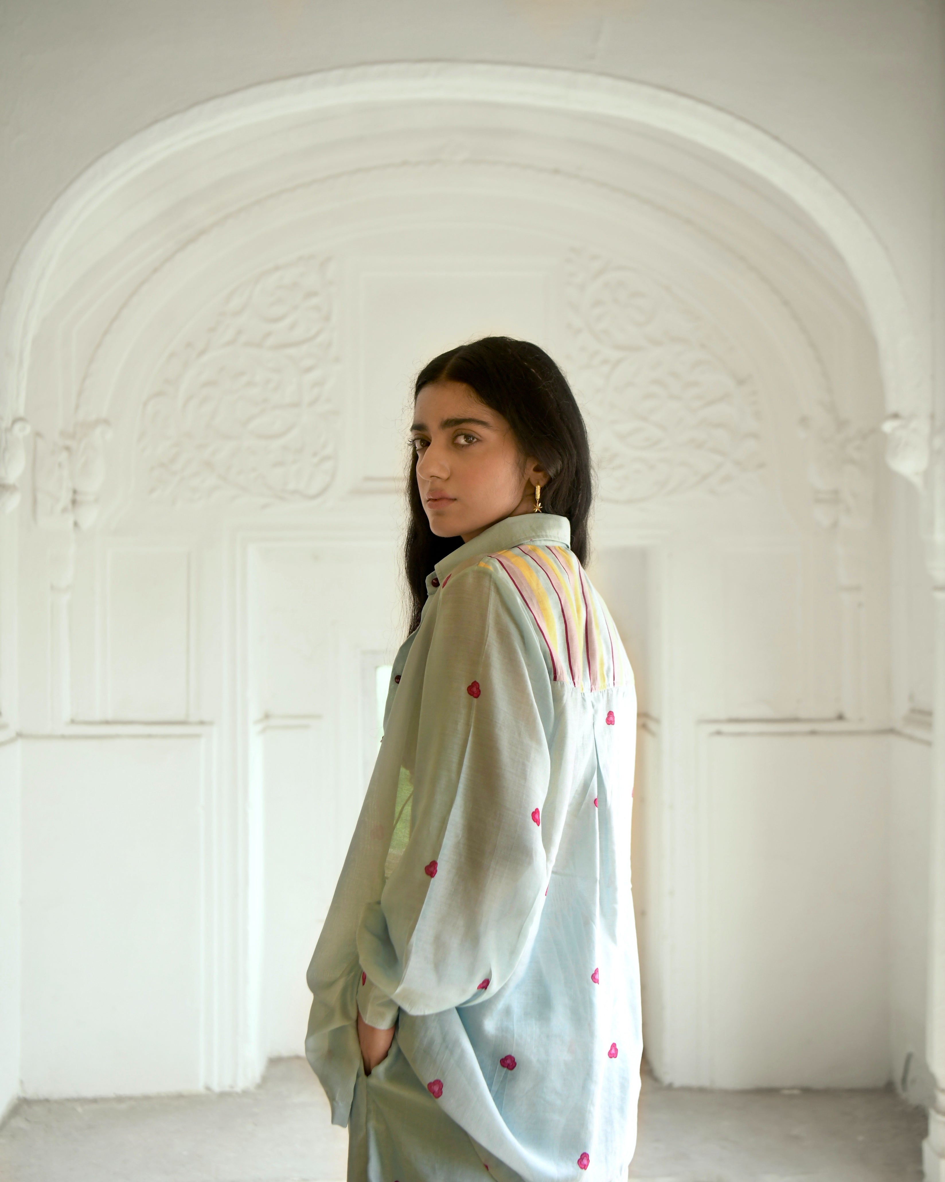 Blue Chanderi Silk Co-ord Set Of 3 at Kamakhyaa by Taro. This item is Azo Free Dyes, Blue, Casual Wear, Chanderi Silk, Co-ord Sets, Garden Of Dreams, July Sale, July Sale 2023, Prints, Relaxed Fit, Travel Co-ords, Vacation, Vacation Co-ords, Womenswear