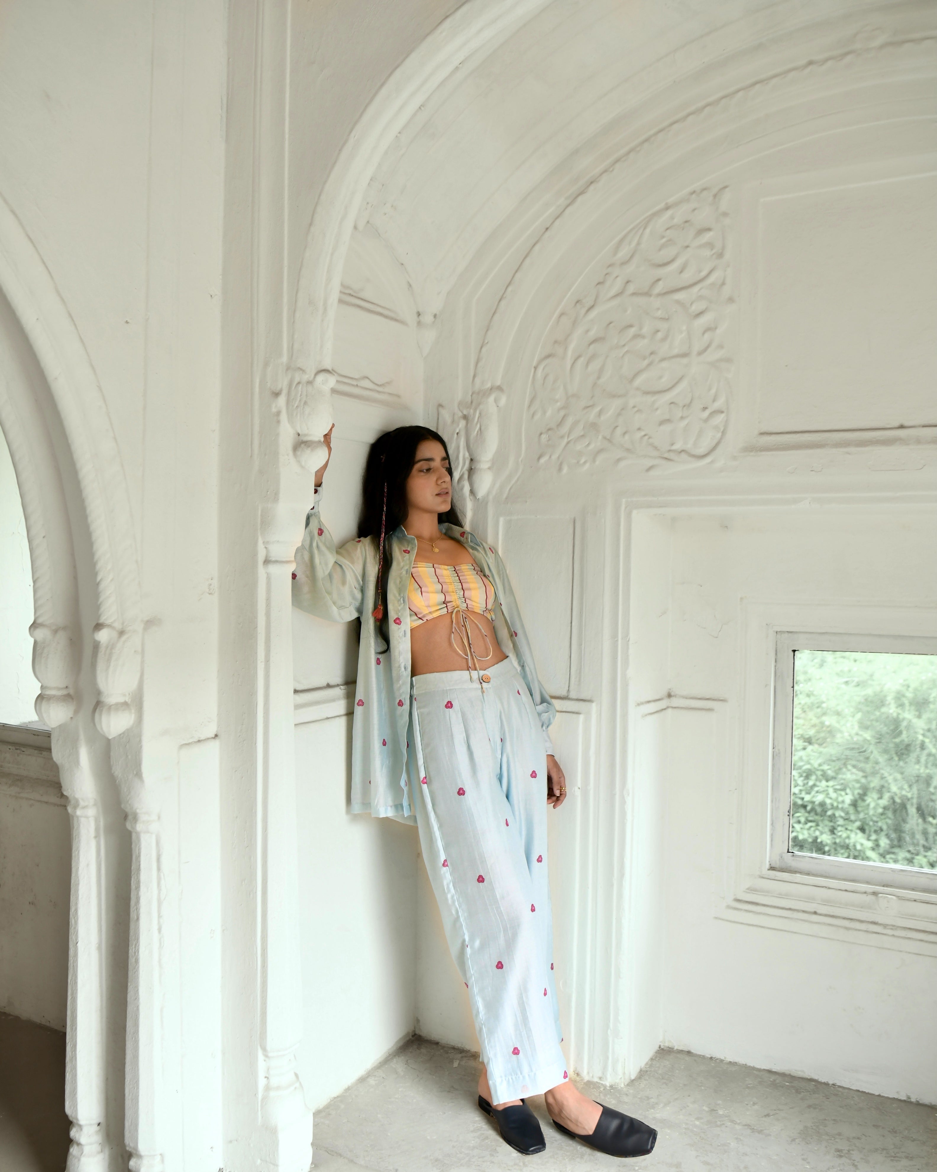 Blue Chanderi Silk Co-ord Set Of 3 at Kamakhyaa by Taro. This item is Azo Free Dyes, Blue, Casual Wear, Chanderi Silk, Co-ord Sets, Garden Of Dreams, July Sale, July Sale 2023, Prints, Relaxed Fit, Travel Co-ords, Vacation, Vacation Co-ords, Womenswear