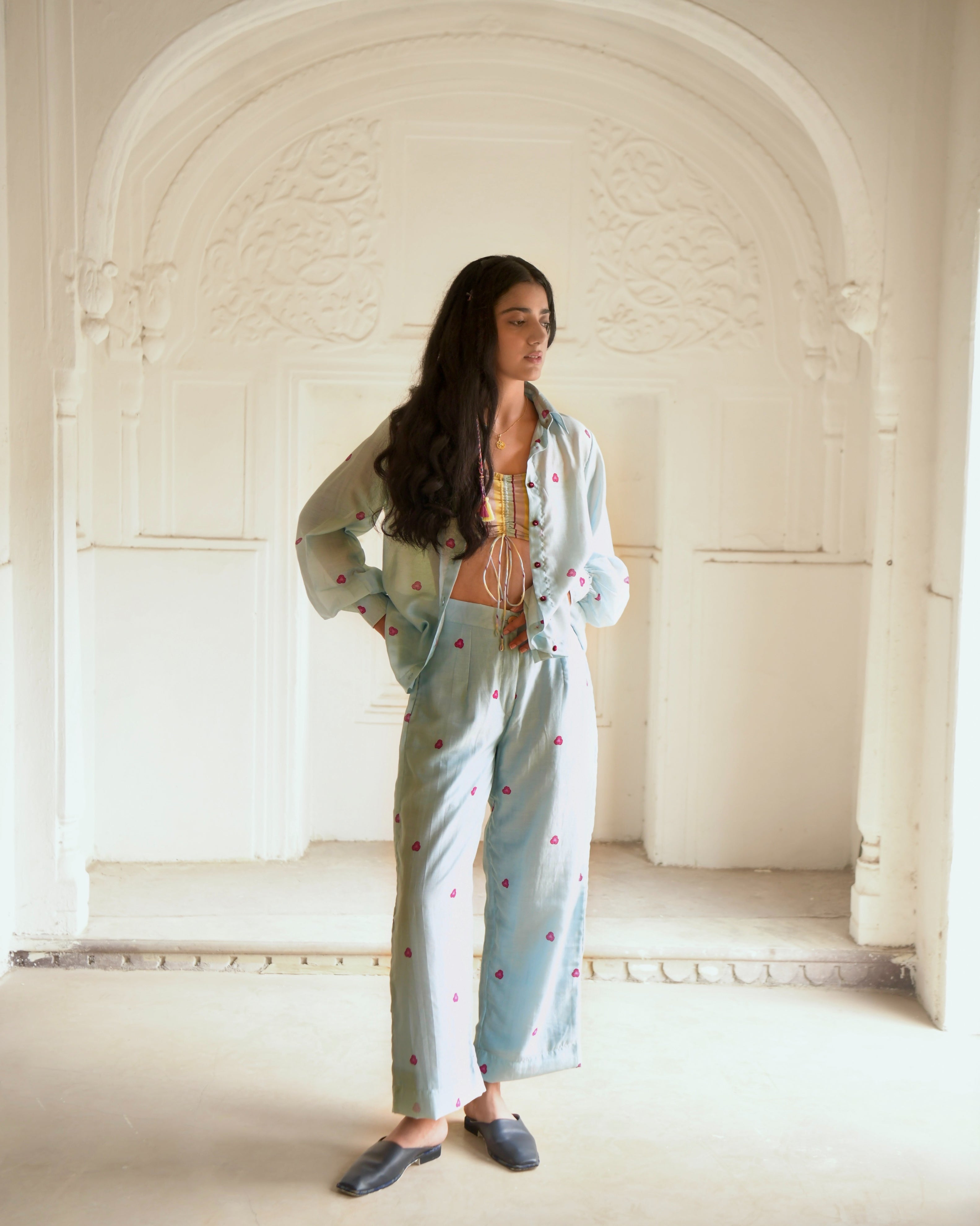 Blue Chanderi Silk Co-ord Set Of 3 at Kamakhyaa by Taro. This item is Azo Free Dyes, Blue, Casual Wear, Chanderi Silk, Co-ord Sets, Garden Of Dreams, July Sale, July Sale 2023, Prints, Relaxed Fit, Travel Co-ords, Vacation, Vacation Co-ords, Womenswear