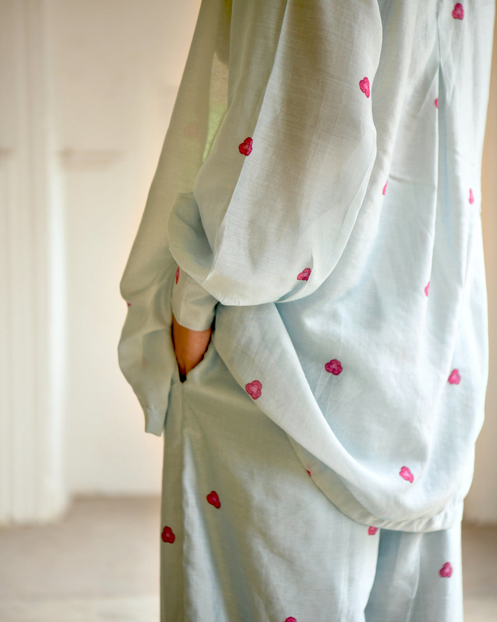 Blue Chanderi Silk Co-ord Set Of 3 at Kamakhyaa by Taro. This item is Azo Free Dyes, Blue, Casual Wear, Chanderi Silk, Co-ord Sets, Garden Of Dreams, July Sale, July Sale 2023, Prints, Relaxed Fit, Travel Co-ords, Vacation, Vacation Co-ords, Womenswear