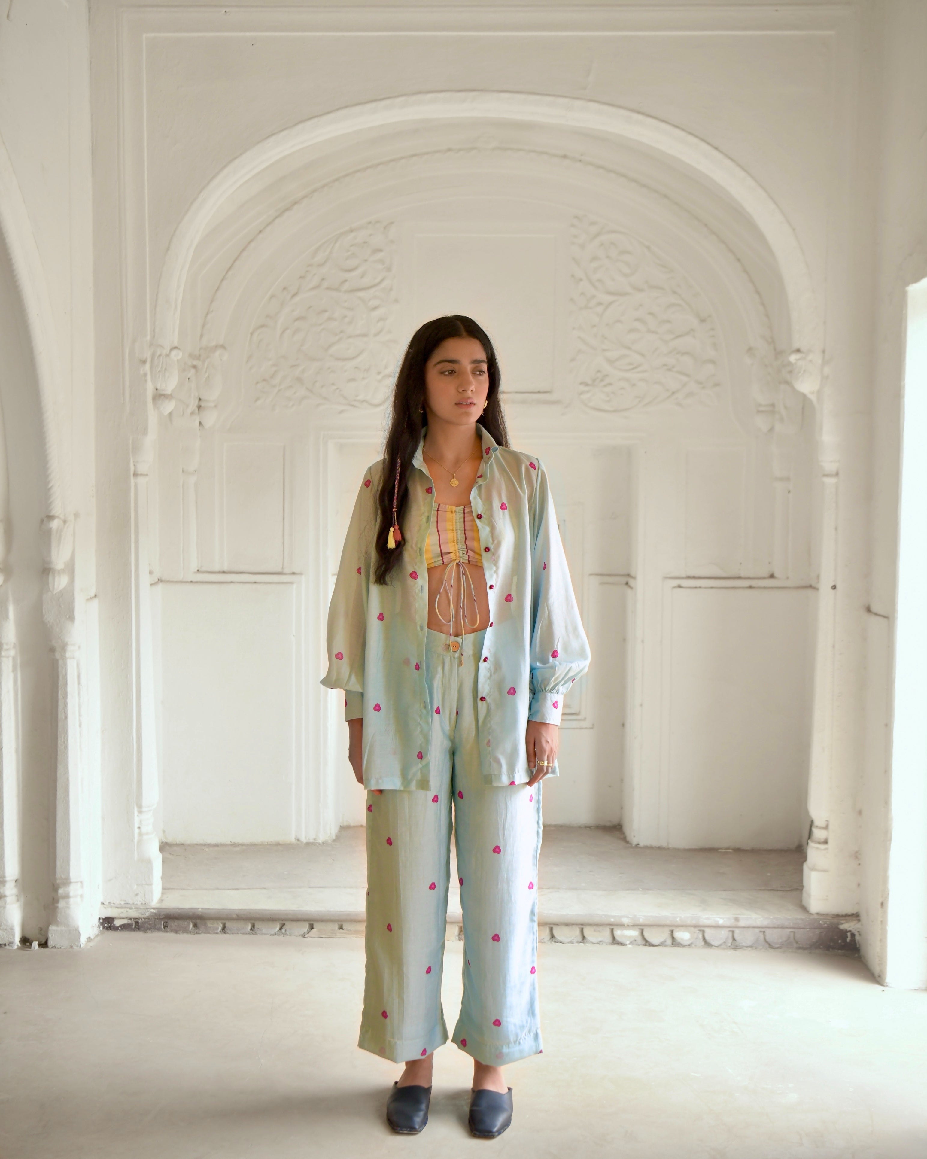 Blue Chanderi Silk Co-ord Set Of 3 at Kamakhyaa by Taro. This item is Azo Free Dyes, Blue, Casual Wear, Chanderi Silk, Co-ord Sets, Garden Of Dreams, July Sale, July Sale 2023, Prints, Relaxed Fit, Travel Co-ords, Vacation, Vacation Co-ords, Womenswear