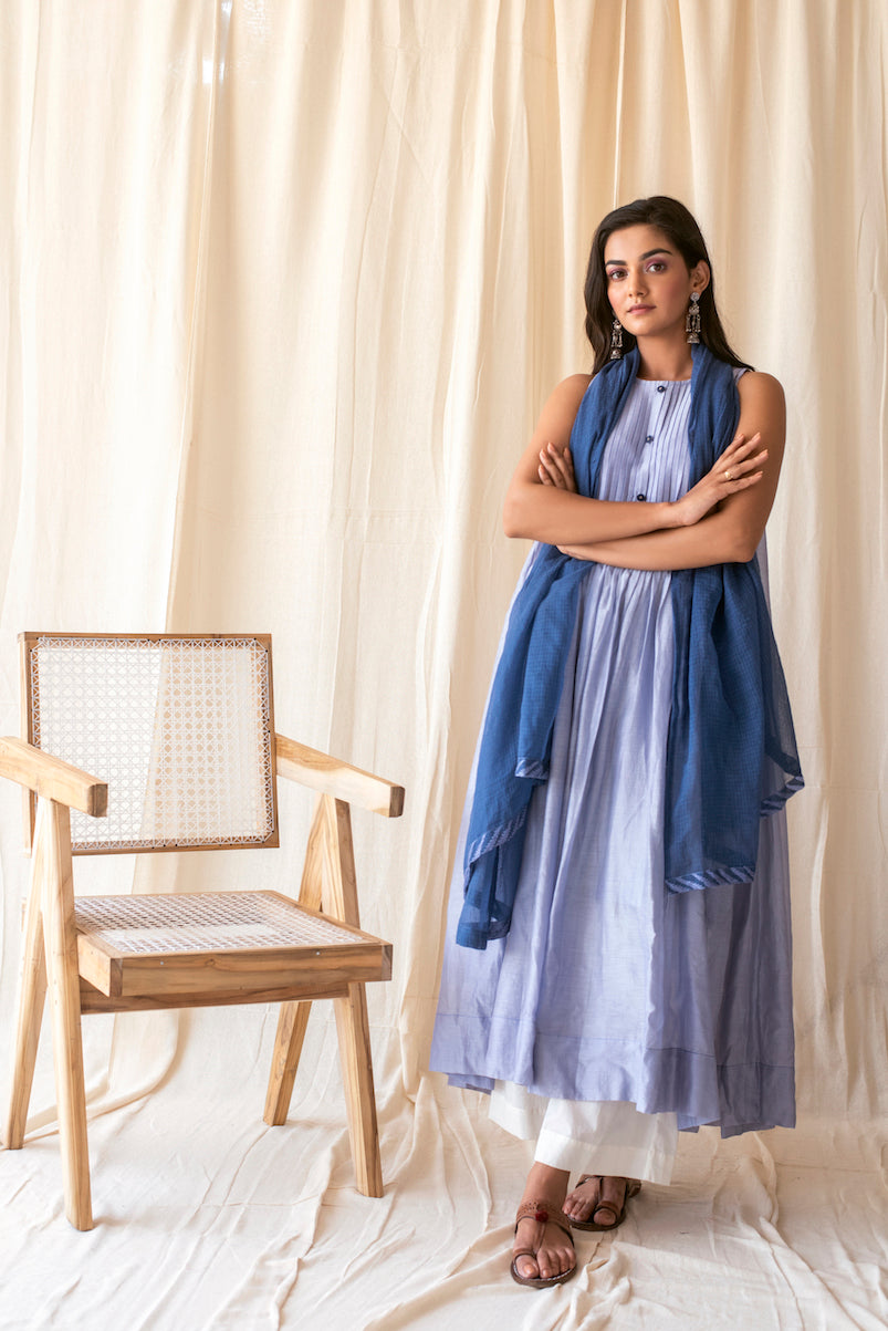 Blue Chanderi Silk Kurta Set With Dupatta at Kamakhyaa by Taro. This item is Blue, Evening Wear, Handwoven Chanderi silk, Indian Wear, July Sale, July Sale 2023, Kurta Palazzo Sets, Natural, Regular Fit, Rozana Taro, Solids, Womenswear
