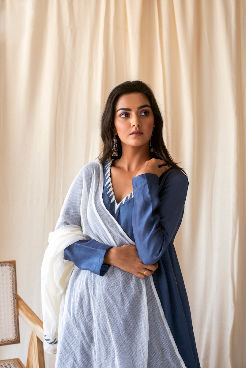 Blue Chanderi Silk Kurta Set With Dupatta at Kamakhyaa by Taro. This item is Blue, Chanderi Silk, Evening Wear, For Mother, Indian Wear, July Sale, July Sale 2023, Kurta Palazzo Sets, Natural, Regular Fit, Rozana Taro, Solids, Womenswear