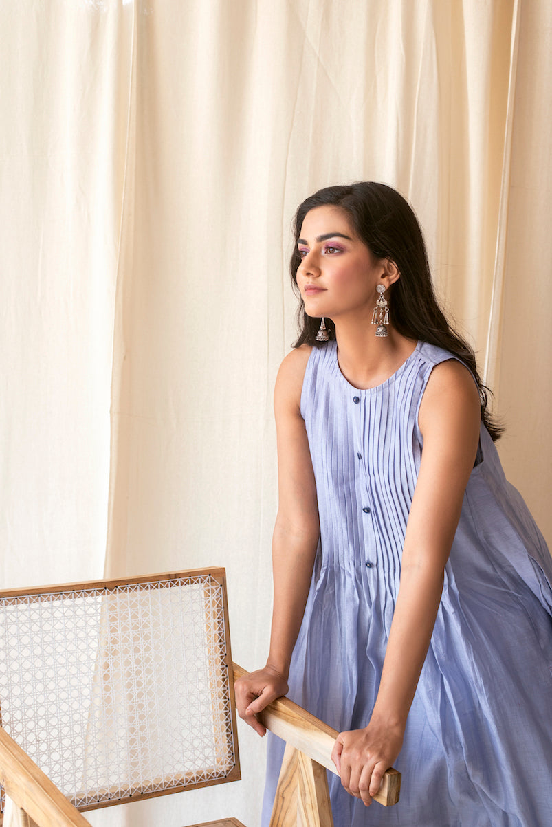 Blue Chanderi Silk Kurta Set With Dupatta at Kamakhyaa by Taro. This item is Blue, Evening Wear, Handwoven Chanderi silk, Indian Wear, July Sale, July Sale 2023, Kurta Palazzo Sets, Natural, Regular Fit, Rozana Taro, Solids, Womenswear