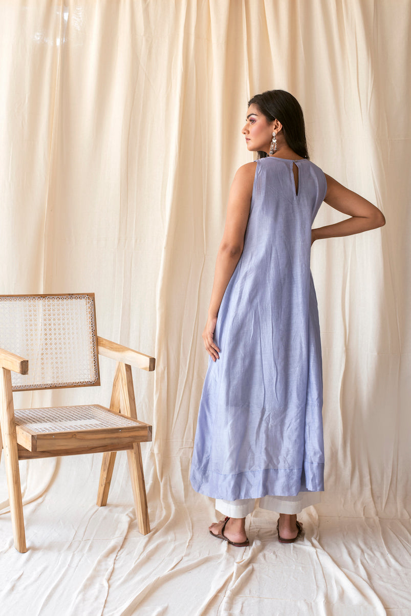 Blue Chanderi Silk Kurta Set With Dupatta at Kamakhyaa by Taro. This item is Blue, Evening Wear, Handwoven Chanderi silk, Indian Wear, July Sale, July Sale 2023, Kurta Palazzo Sets, Natural, Regular Fit, Rozana Taro, Solids, Womenswear