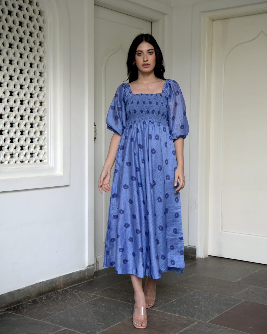 Blue Chanderi Silk Midi Dress at Kamakhyaa by Taro. This item is Best Selling, Blue, Duplicate, Evening Wear, FB ADS JUNE, Handwoven Chanderi silk, July Sale, July Sale 2023, Midi Dresses, Natural, Prints, Regular Fit, Wildflower Taro, Womenswear