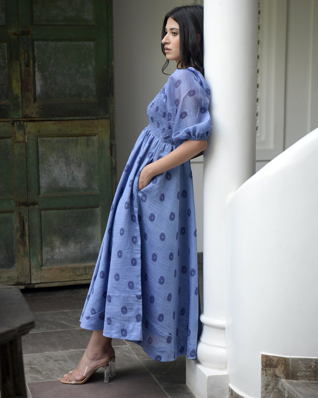 Blue Chanderi Silk Midi Dress at Kamakhyaa by Taro. This item is Best Selling, Blue, Duplicate, Evening Wear, FB ADS JUNE, Handwoven Chanderi silk, July Sale, July Sale 2023, Midi Dresses, Natural, Prints, Regular Fit, Wildflower Taro, Womenswear