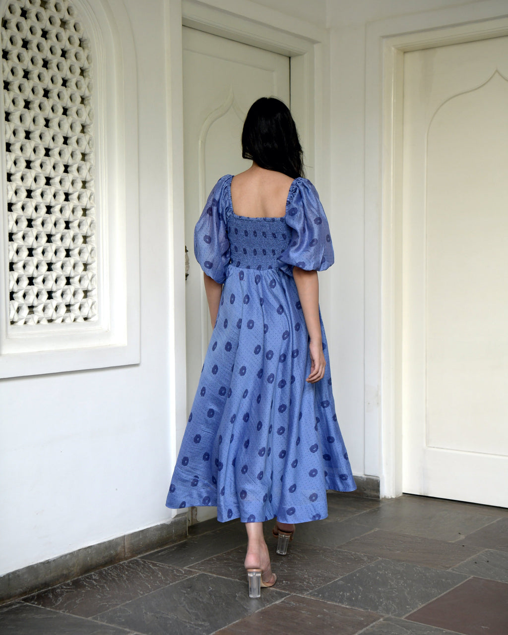 Blue Chanderi Silk Midi Dress at Kamakhyaa by Taro. This item is Best Selling, Blue, Duplicate, Evening Wear, FB ADS JUNE, Handwoven Chanderi silk, July Sale, July Sale 2023, Midi Dresses, Natural, Prints, Regular Fit, Wildflower Taro, Womenswear
