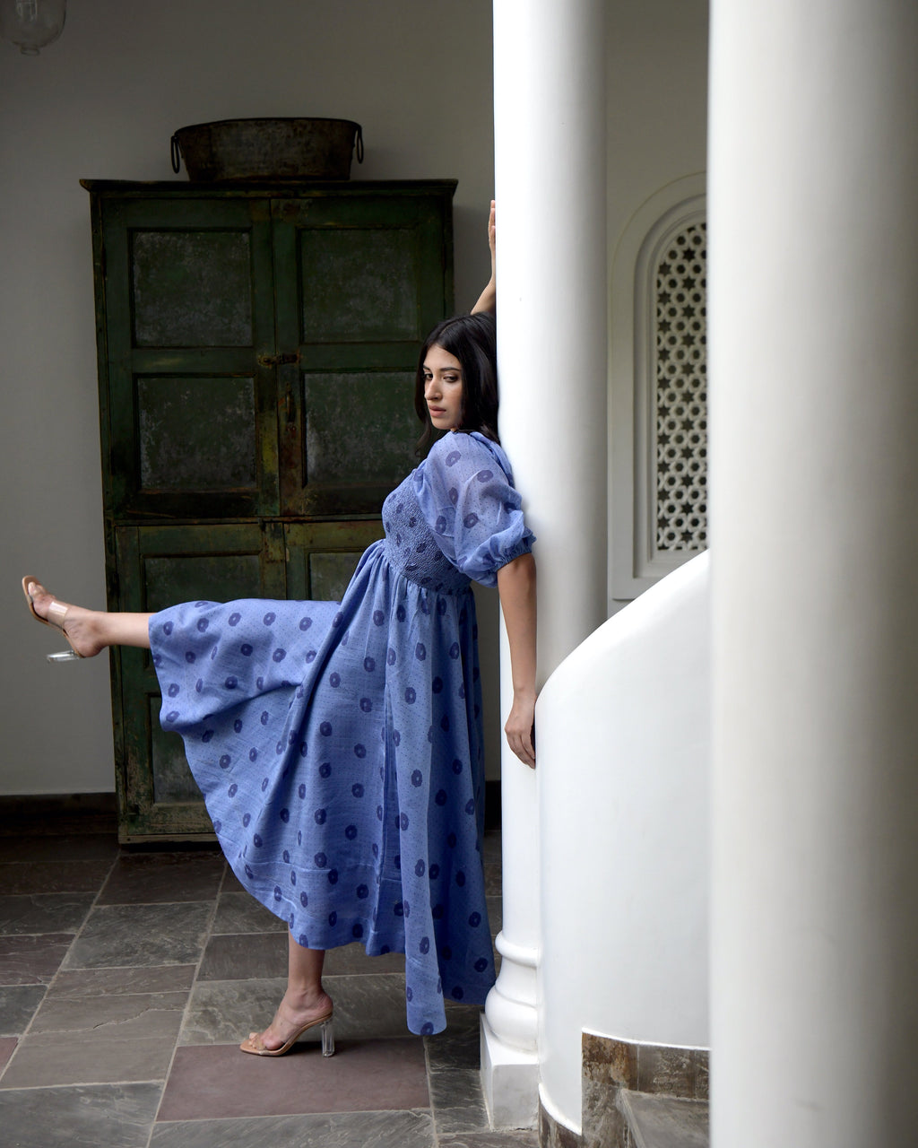 Blue Chanderi Silk Midi Dress at Kamakhyaa by Taro. This item is Best Selling, Blue, Duplicate, Evening Wear, FB ADS JUNE, Handwoven Chanderi silk, July Sale, July Sale 2023, Midi Dresses, Natural, Prints, Regular Fit, Wildflower Taro, Womenswear