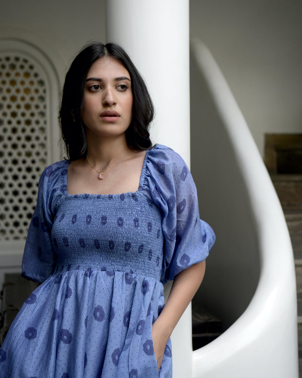 Blue Chanderi Silk Midi Dress at Kamakhyaa by Taro. This item is Best Selling, Blue, Duplicate, Evening Wear, FB ADS JUNE, Handwoven Chanderi silk, July Sale, July Sale 2023, Midi Dresses, Natural, Prints, Regular Fit, Wildflower Taro, Womenswear