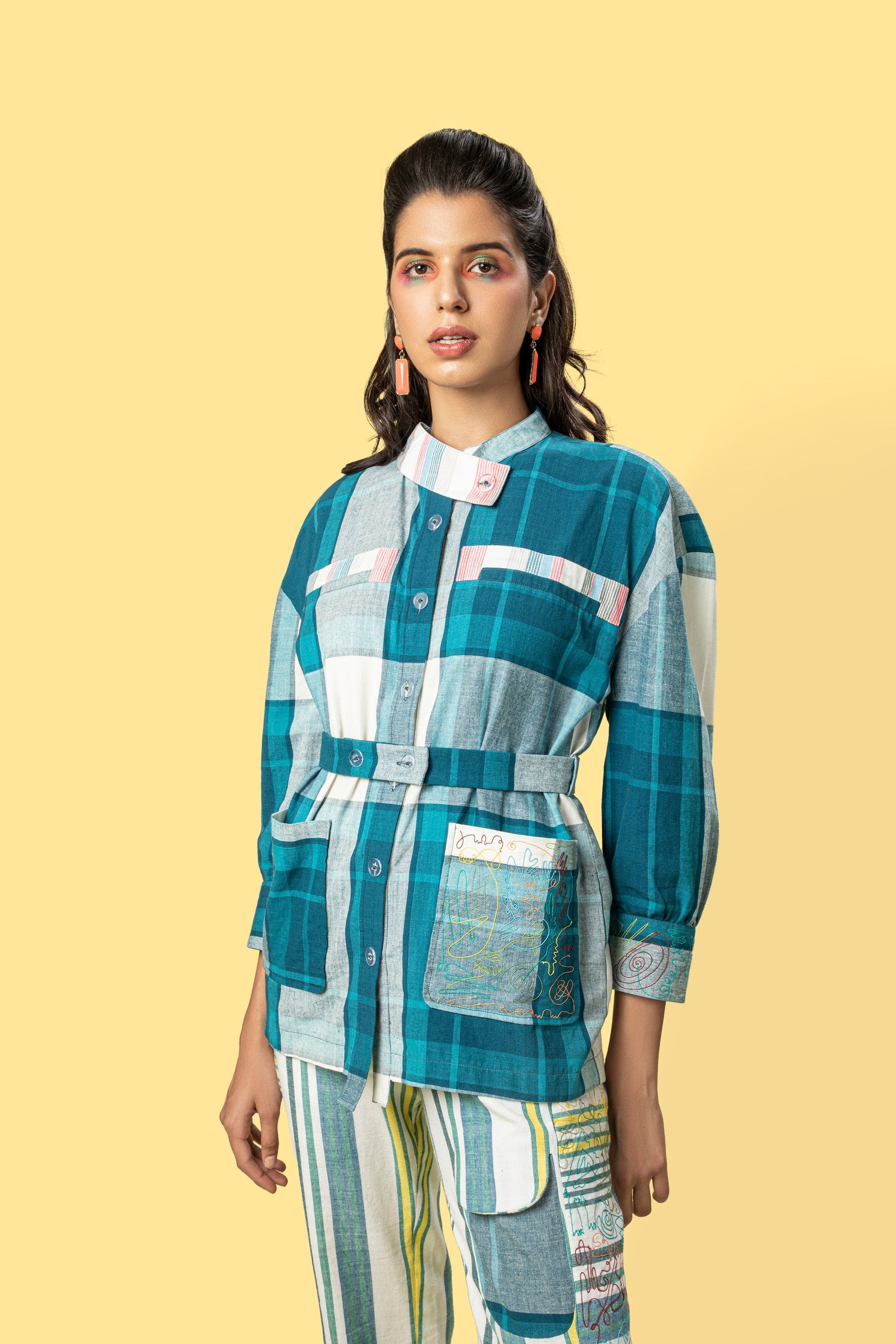 Blue Check Shirt at Kamakhyaa by Anushé Pirani. This item is Blue, Checks, Handwoven Cotton, July Sale, July Sale 2023, Natural, Of Myriad Minds, Office Wear, Playful Office Wear, Regular Fit, sale anushe pirani, Shirts, Tops, Womenswear