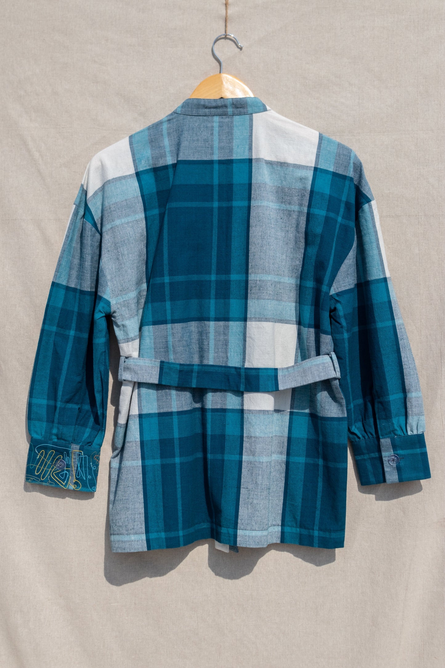 Blue Check Shirt at Kamakhyaa by Anushé Pirani. This item is Blue, Checks, Handwoven Cotton, July Sale, July Sale 2023, Natural, Of Myriad Minds, Office Wear, Playful Office Wear, Regular Fit, sale anushe pirani, Shirts, Tops, Womenswear