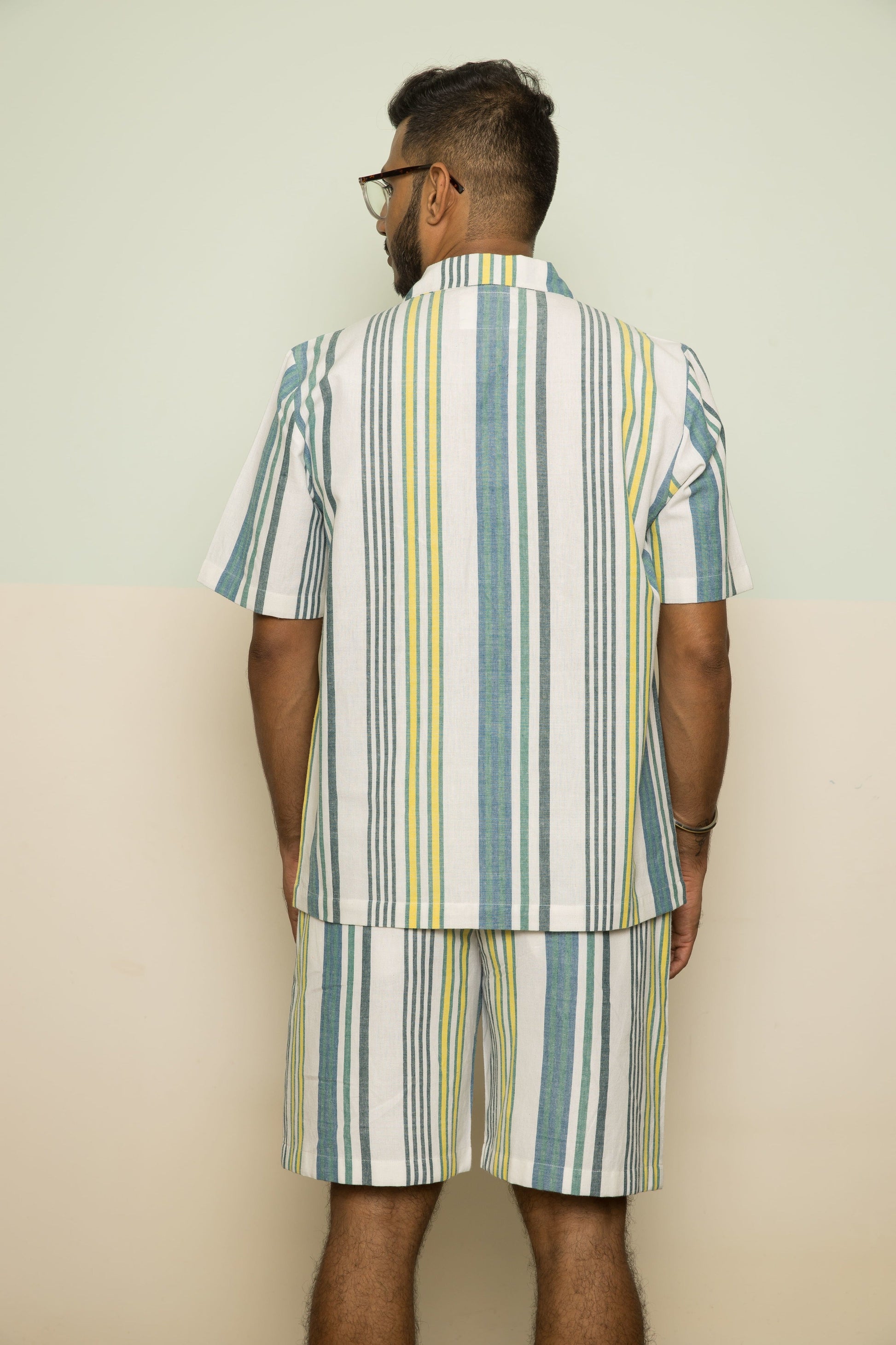 Blue Checks Mens Co-ord at Kamakhyaa by Anushé Pirani. This item is 100% Cotton, Blue, Casual Wear, Handwoven, Handwoven Cotton, Lounge Wear Co-ords, Regular Fit, Stripes, The Co-ord Edit, Womenswear