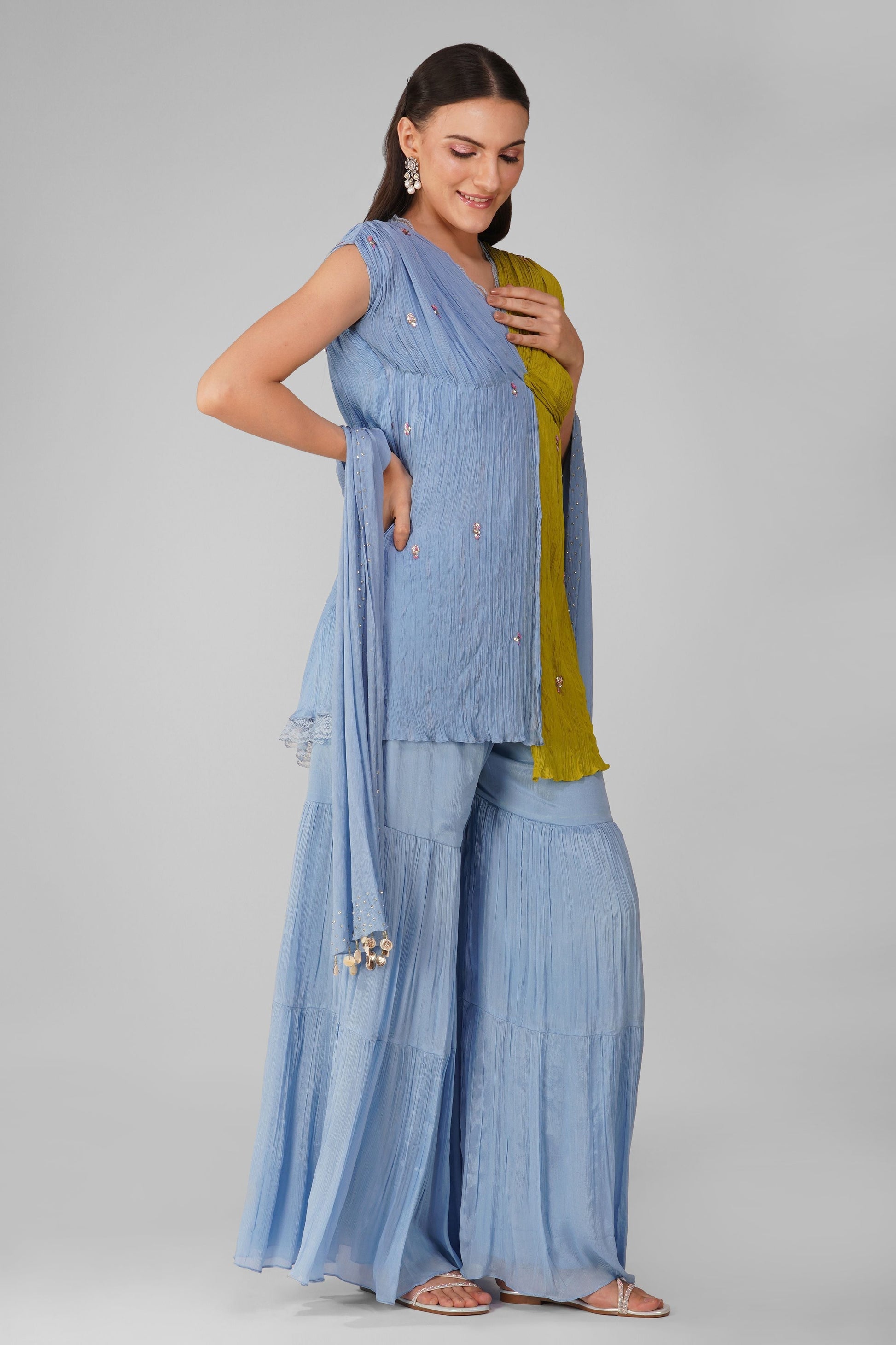 Blue Chiffon Knotted Kurta And Garara Set at Kamakhyaa by Devyani Mehrotra. This item is Blue, Chiffon, Embellished, Indian Wear, Natural, Party Wear, Regular Fit, Womenswear