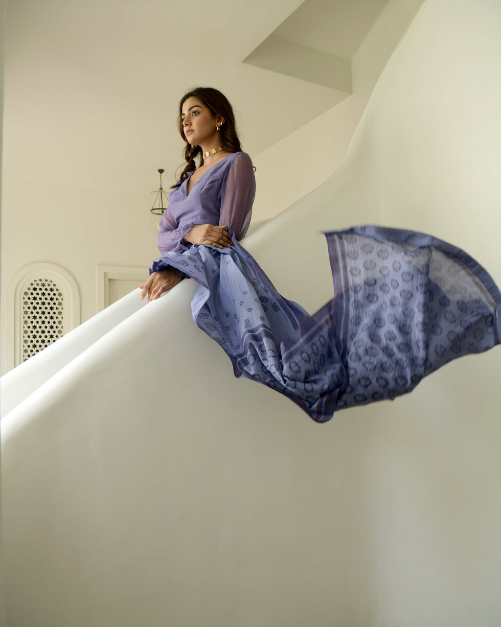 Blue Chiffon Printed Saree at Kamakhyaa by Taro. This item is Blue, Chiffon, Evening Wear, Gulzar Taro, Indian Wear, July Sale, July Sale 2023, Natural, Prints, Regular Fit, Saree Sets, Womenswear