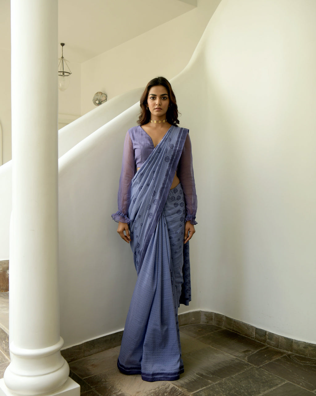 Blue Chiffon Printed Saree at Kamakhyaa by Taro. This item is Blue, Chiffon, Evening Wear, Gulzar Taro, Indian Wear, July Sale, July Sale 2023, Natural, Prints, Regular Fit, Saree Sets, Womenswear
