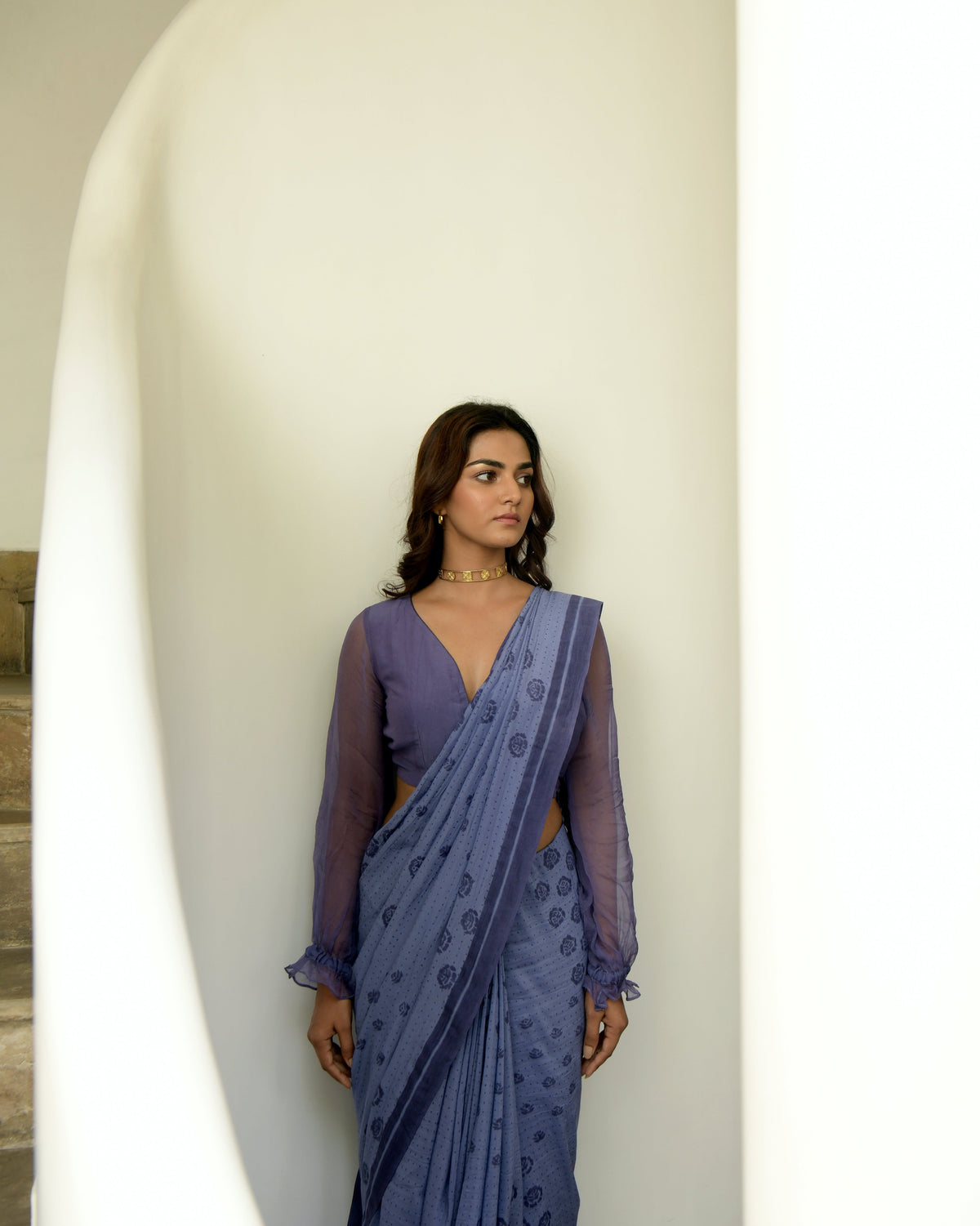 Blue Chiffon Printed Saree at Kamakhyaa by Taro. This item is Blue, Chiffon, Evening Wear, Gulzar Taro, Indian Wear, July Sale, July Sale 2023, Natural, Prints, Regular Fit, Saree Sets, Womenswear