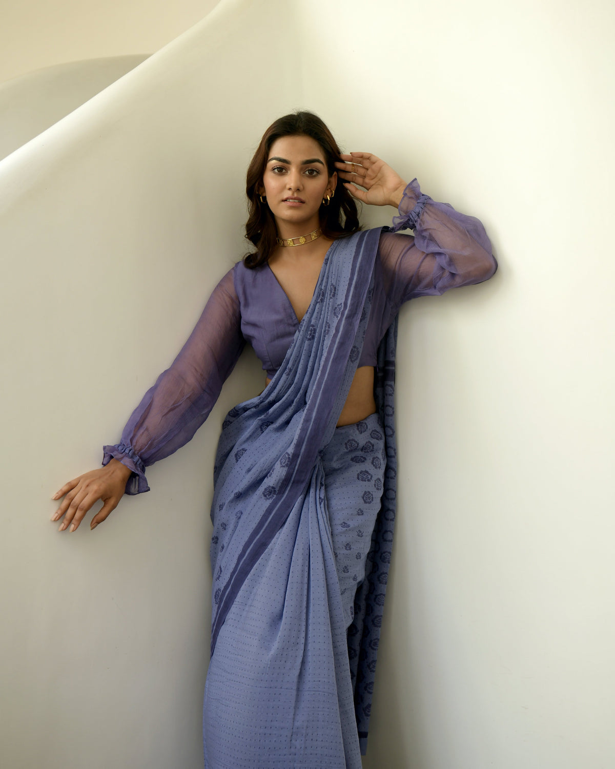 Blue Chiffon Printed Saree at Kamakhyaa by Taro. This item is Blue, Chiffon, Evening Wear, Gulzar Taro, Indian Wear, July Sale, July Sale 2023, Natural, Prints, Regular Fit, Saree Sets, Womenswear