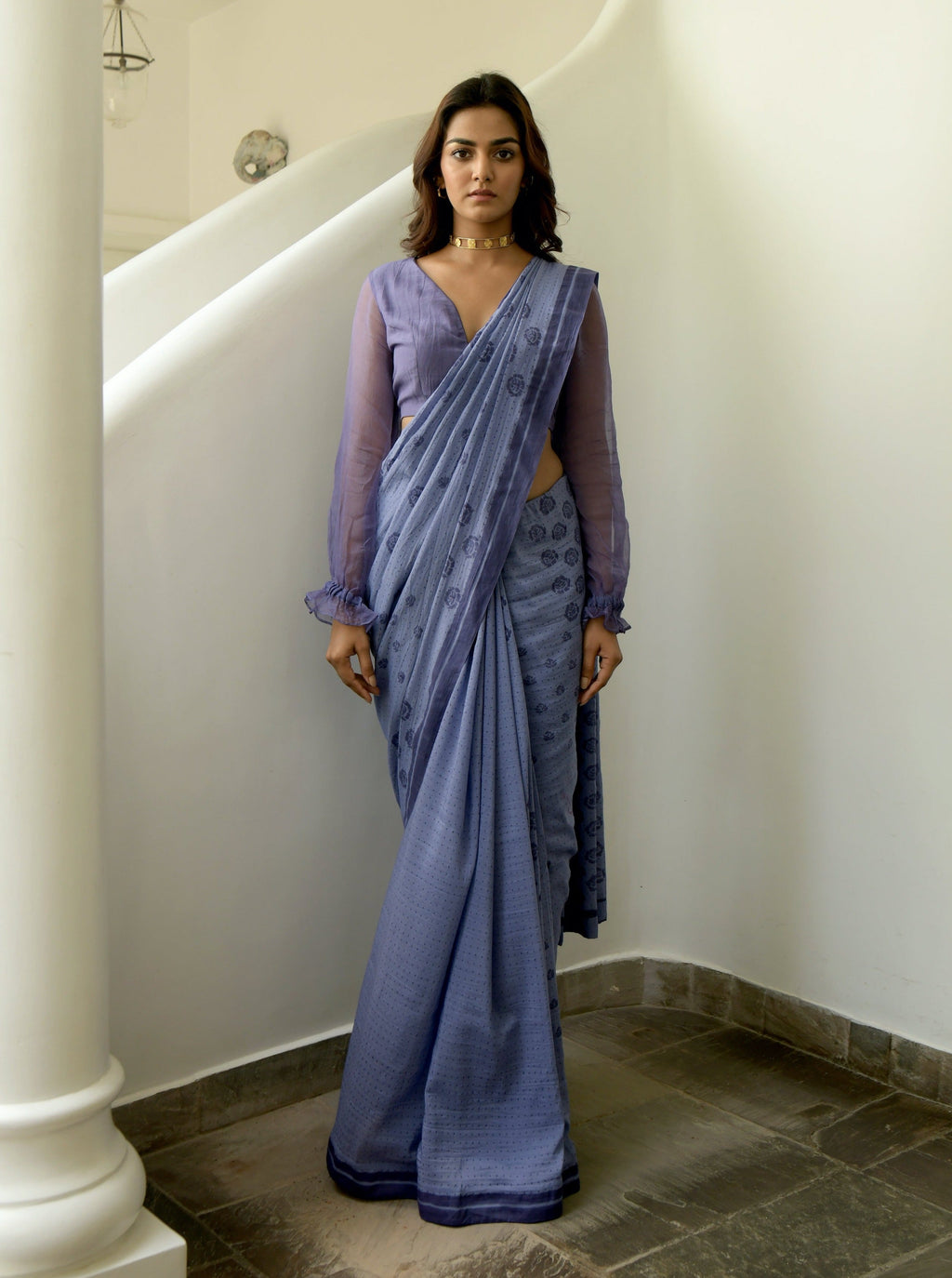 Blue Chiffon Printed Saree at Kamakhyaa by Taro. This item is Blue, Chiffon, Evening Wear, Gulzar Taro, Indian Wear, July Sale, July Sale 2023, Natural, Prints, Regular Fit, Saree Sets, Womenswear