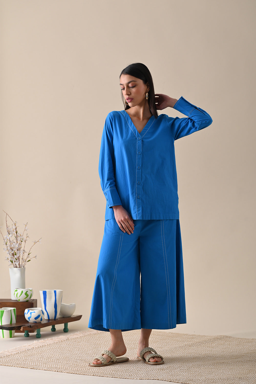Blue Co-ord Set at Kamakhyaa by Kanelle. This item is Blue, Casual Wear, Co-ord Sets, For Mother, For Mother W, July Sale, Life in Colours, Lounge Wear Co-ords, Natural with azo dyes, Organic Cotton, Regular Fit, Solids, Travel Co-ords, Womenswear