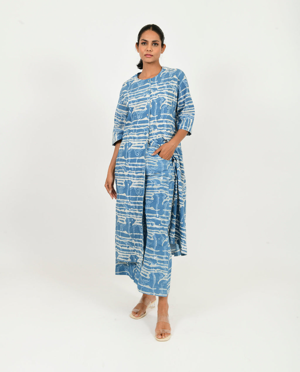 Blue Co-ord Set at Kamakhyaa by Rias Jaipur. This item is 100% Organic Cotton, Blue, Casual Wear, Co-ord Sets, Linen, Natural, Office Wear Co-ords, Prints, Relaxed Fit, Scribble Prints, Womenswear, Yaadein