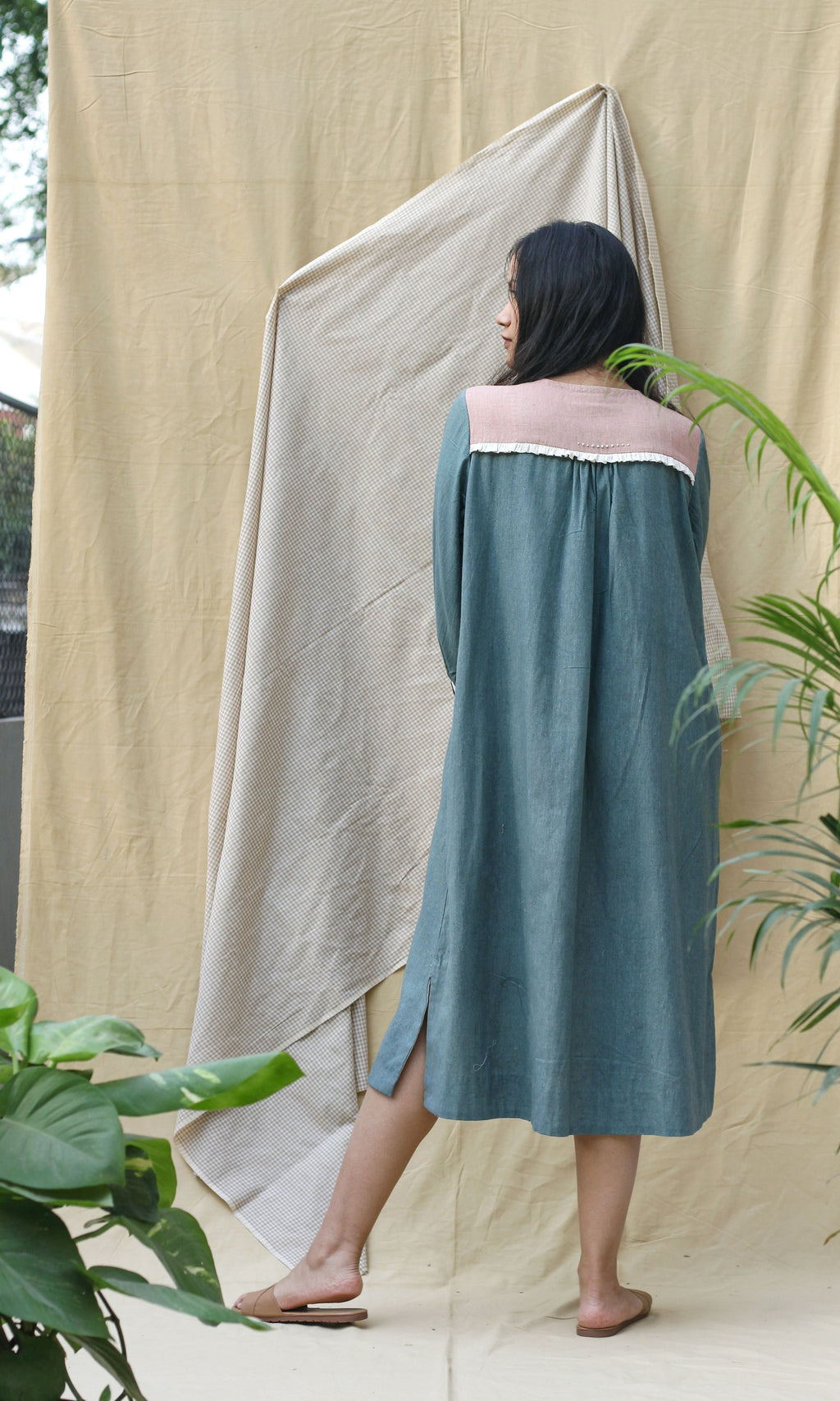 Blue Collar Midi Dress at Kamakhyaa by Chambray & Co.. This item is Casual Wear, Green, Hand Spun Cotton, Midi Dresses, Natural, Pink, Regular Fit, Render, Shirt Dresses, Solid Selfmade, Solids, Womenswear