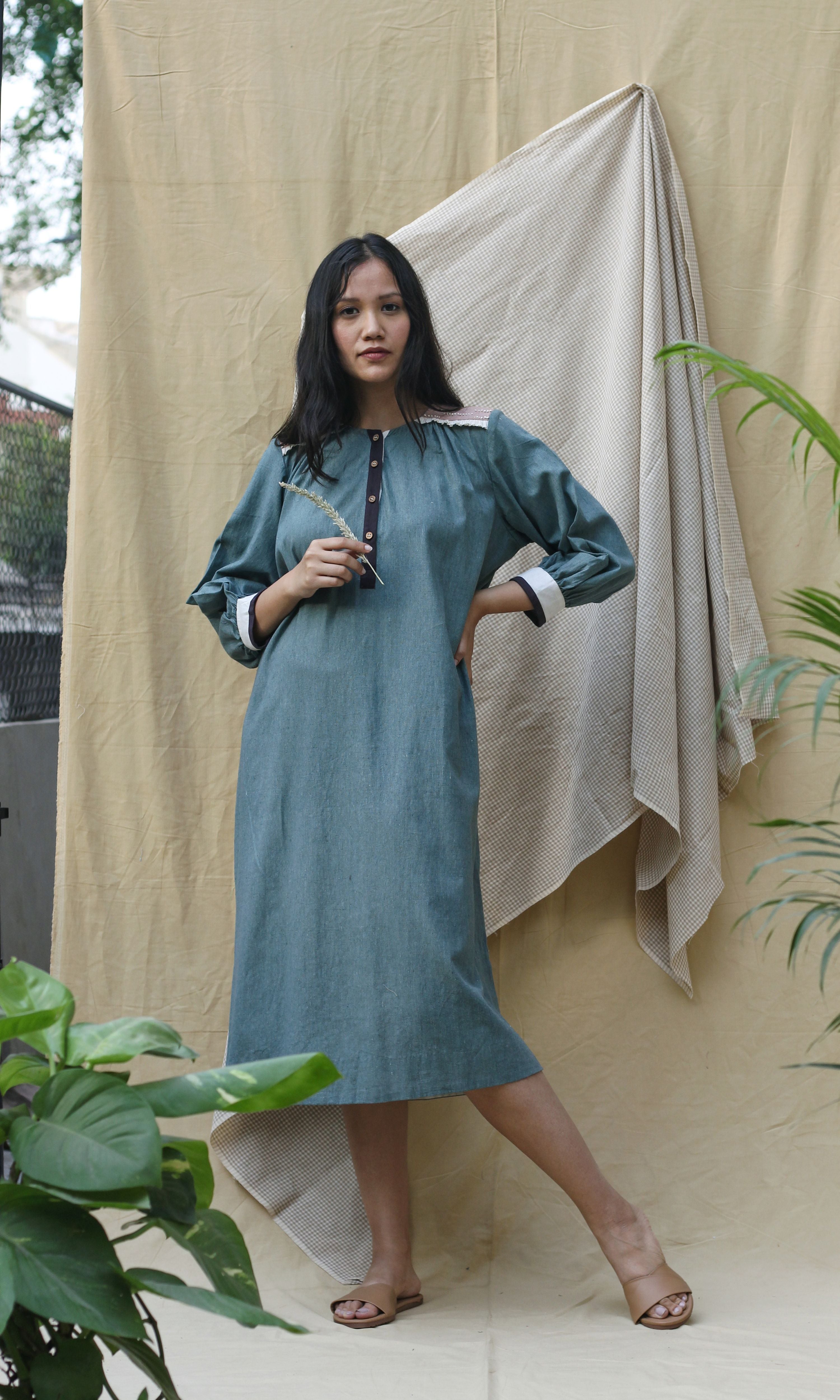 Blue Collar Midi Dress at Kamakhyaa by Chambray & Co.. This item is Casual Wear, Green, Hand Spun Cotton, Midi Dresses, Natural, Pink, Regular Fit, Render, Shirt Dresses, Solid Selfmade, Solids, Womenswear