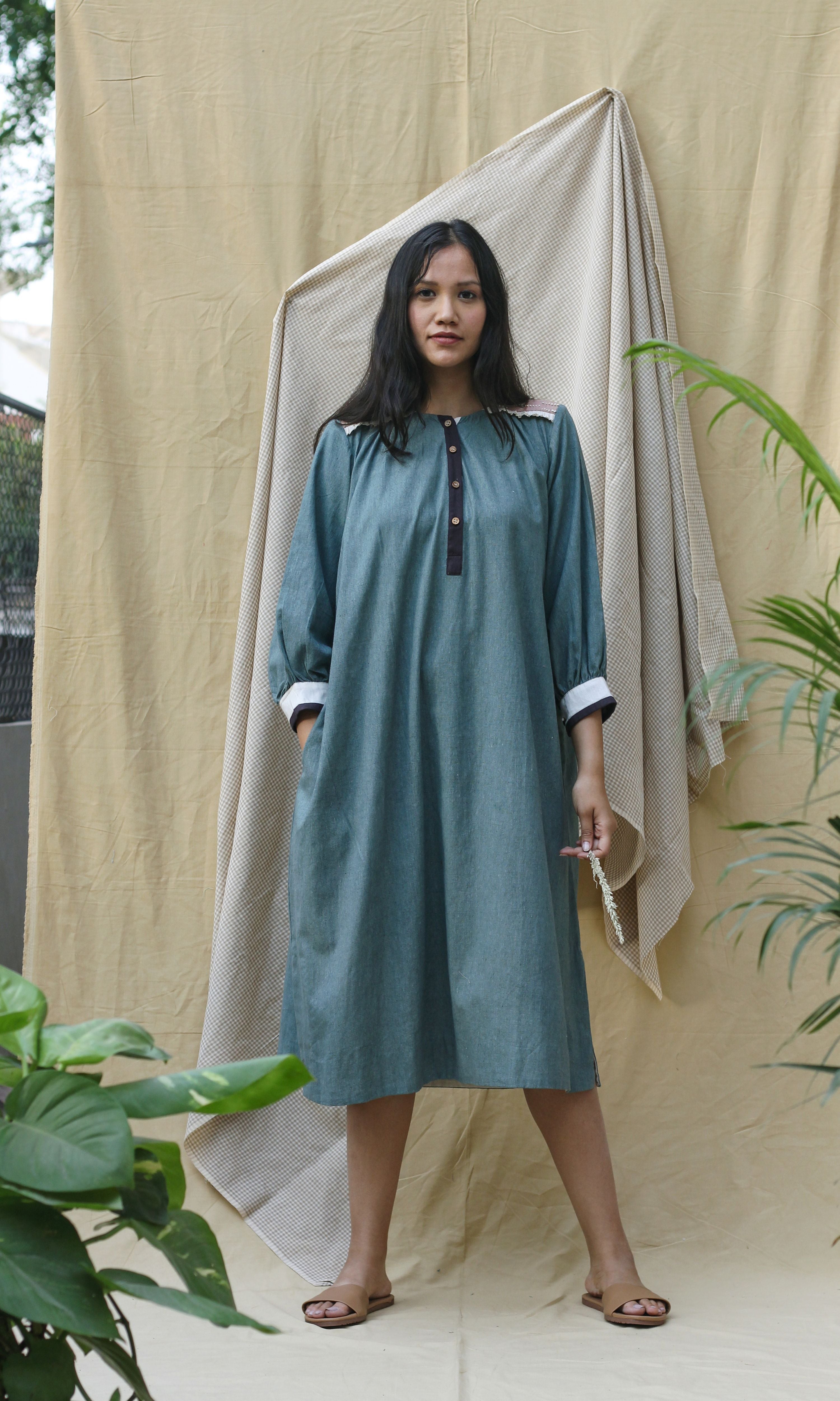 Blue Collar Midi Dress at Kamakhyaa by Chambray & Co.. This item is Casual Wear, Green, Hand Spun Cotton, Midi Dresses, Natural, Pink, Regular Fit, Render, Shirt Dresses, Solid Selfmade, Solids, Womenswear